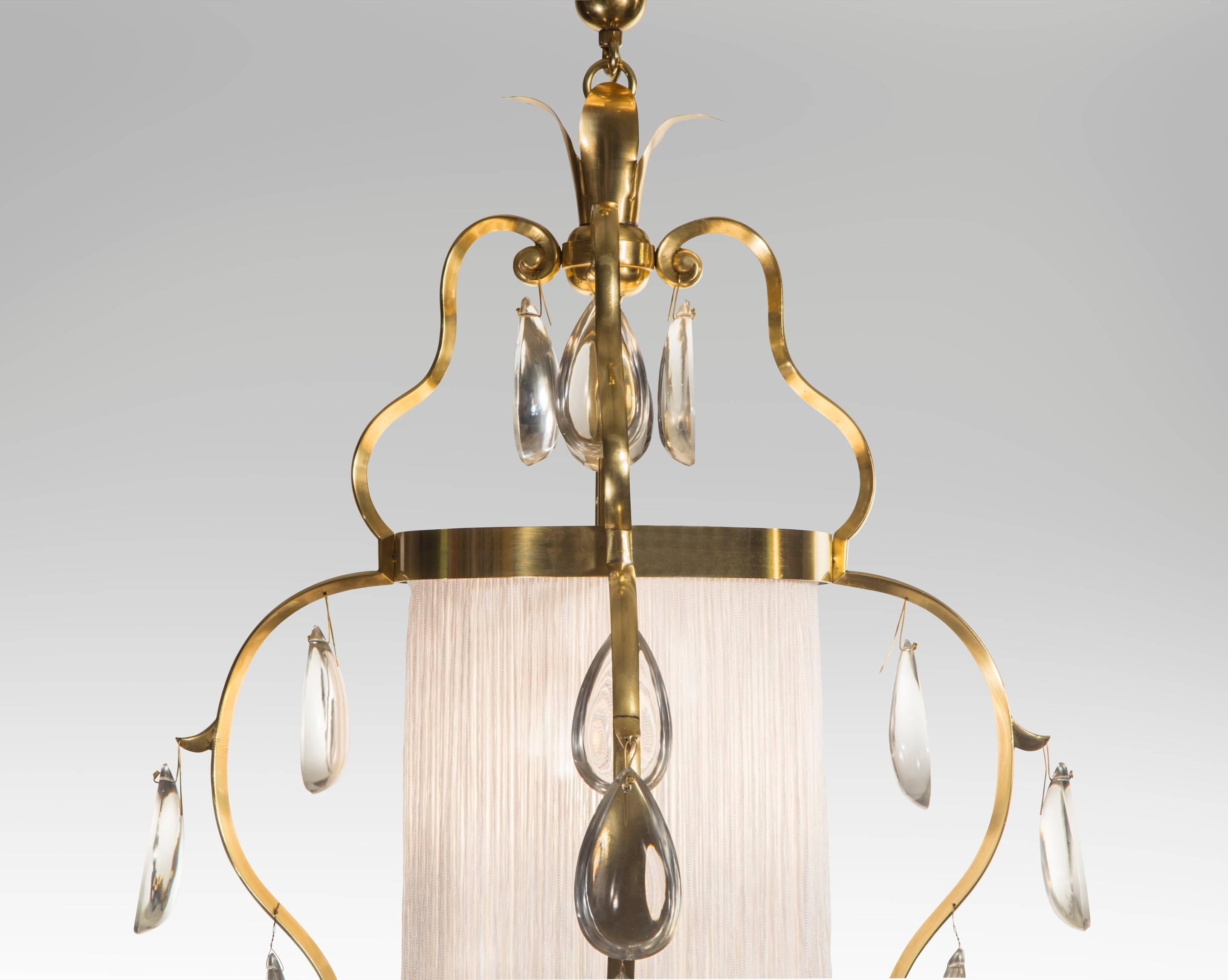 20th Century Elis Bergh for C.G. Hallberg, Swedish Brass, Silk and Glass Chandelier / Lantern For Sale