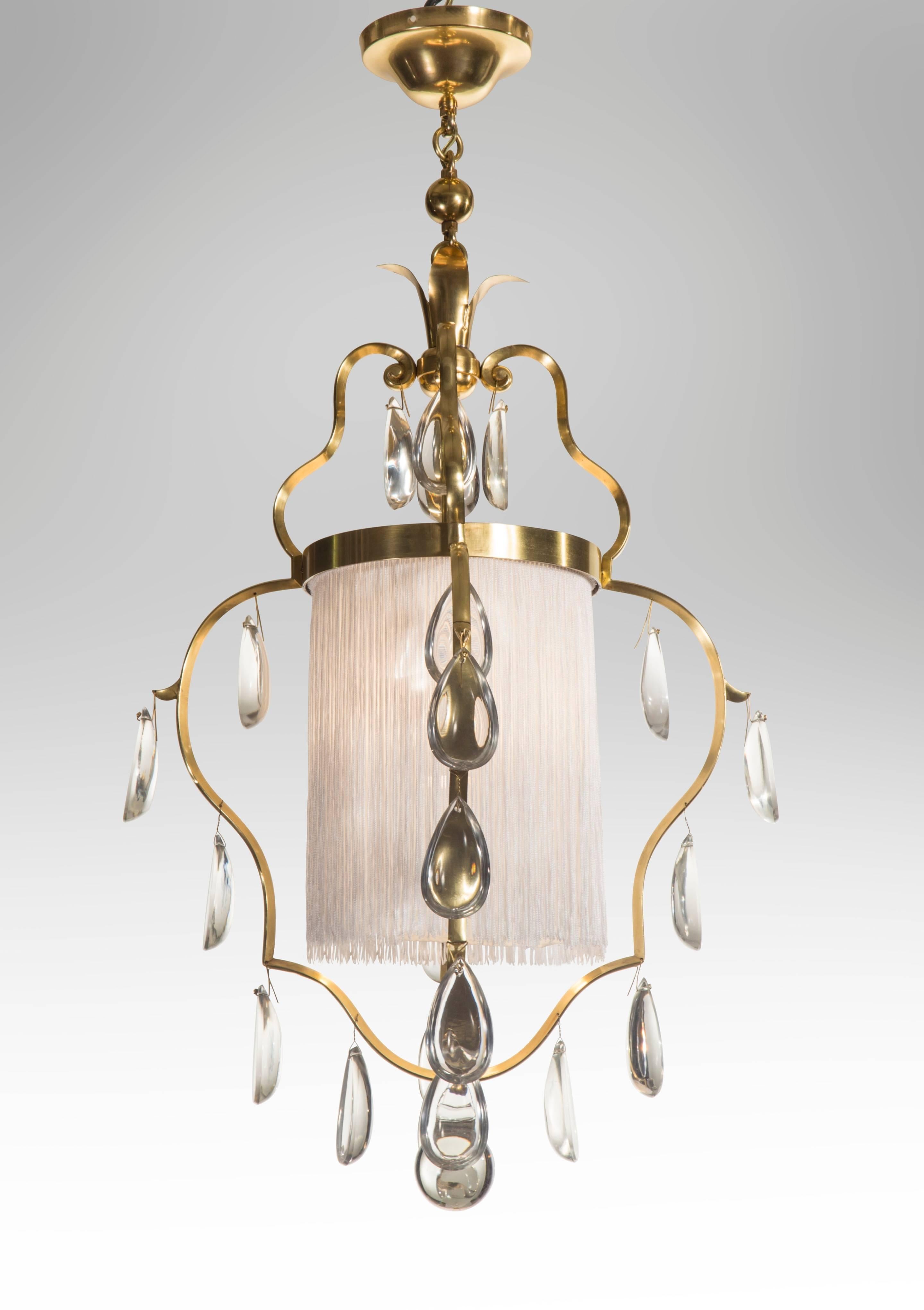 Art Deco Elis Bergh for C.G. Hallberg, Swedish Brass, Silk and Glass Chandelier / Lantern For Sale