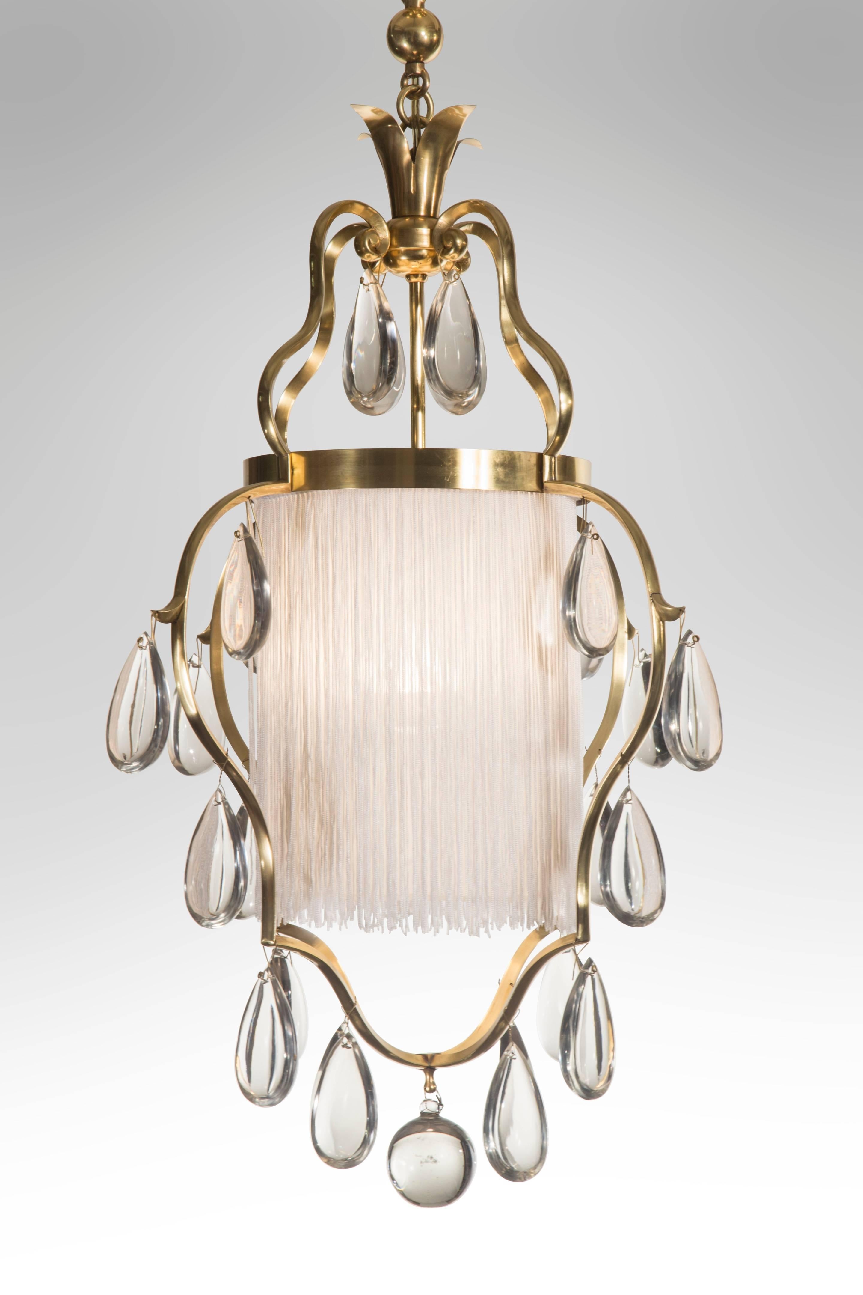 Elis Bergh for C.G. Hallberg, Swedish Brass, Silk and Glass Chandelier / Lantern In Good Condition For Sale In New York, NY