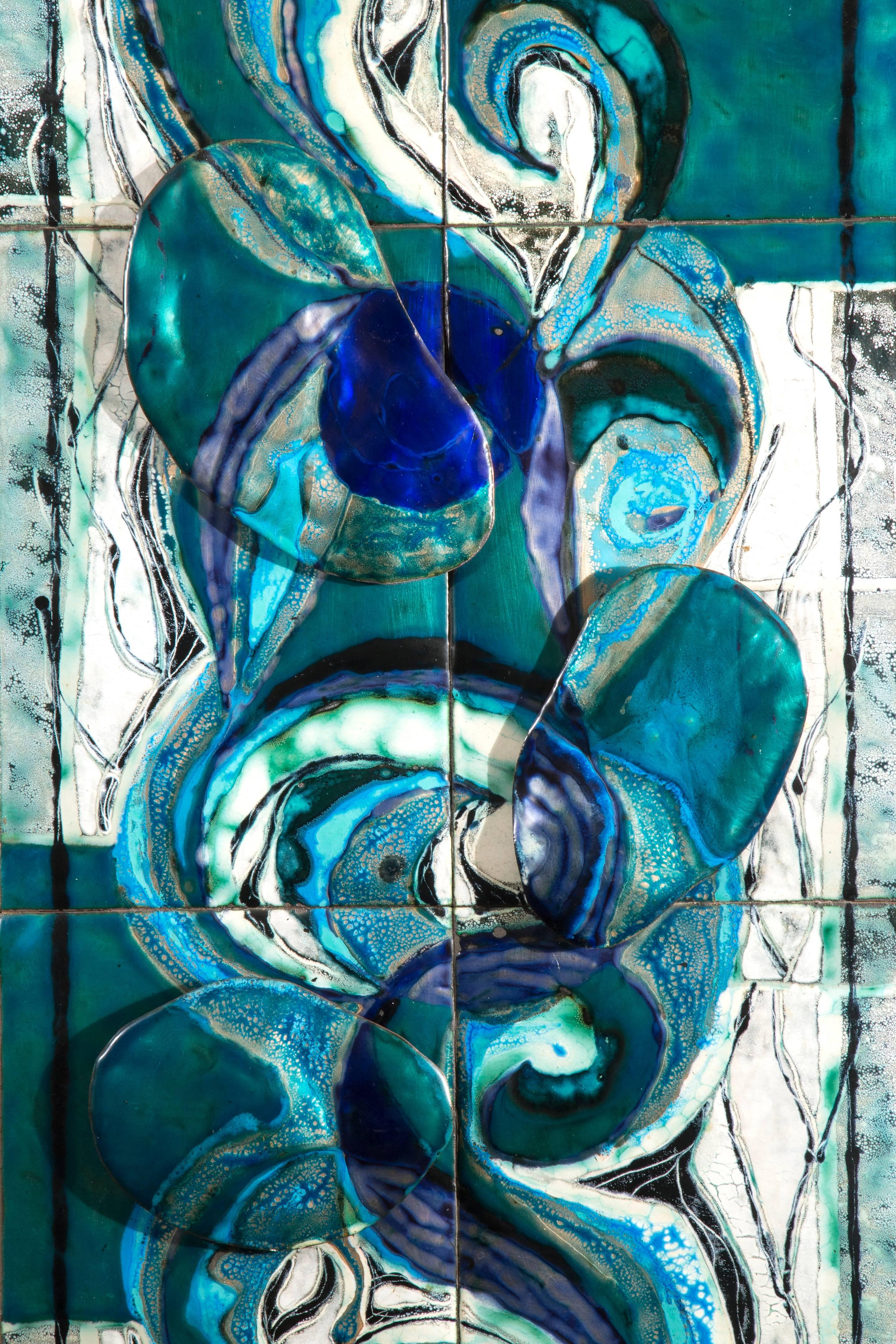 A rare large example of this intriguing artist's work. The swirling abstract form against a rectangular background within a steel frame. Signed Eje.
