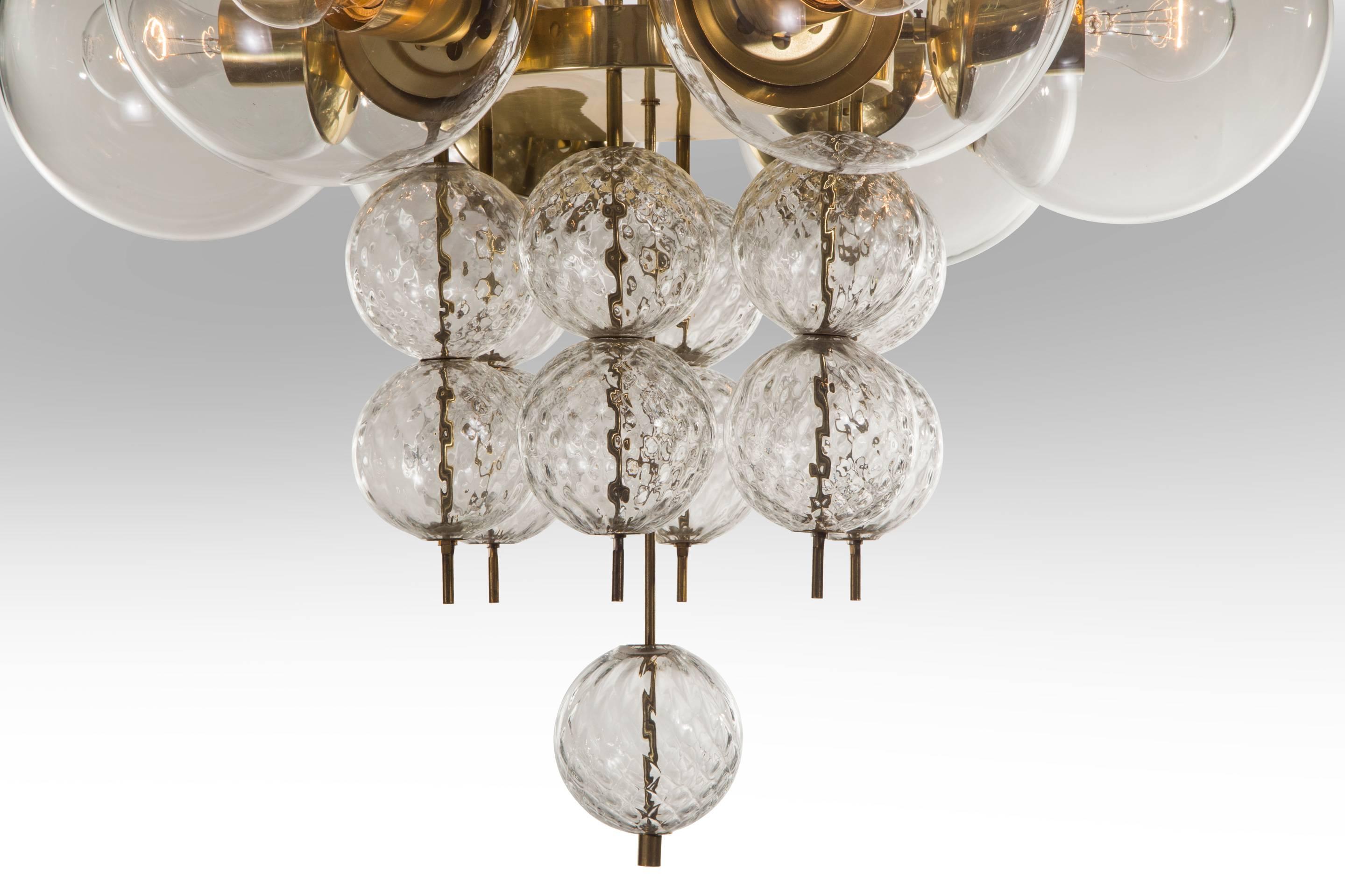 Mid-Century Modern Kamenicky Šenov, Pair of Czech Brass and Handblown Glass Chandeliers For Sale