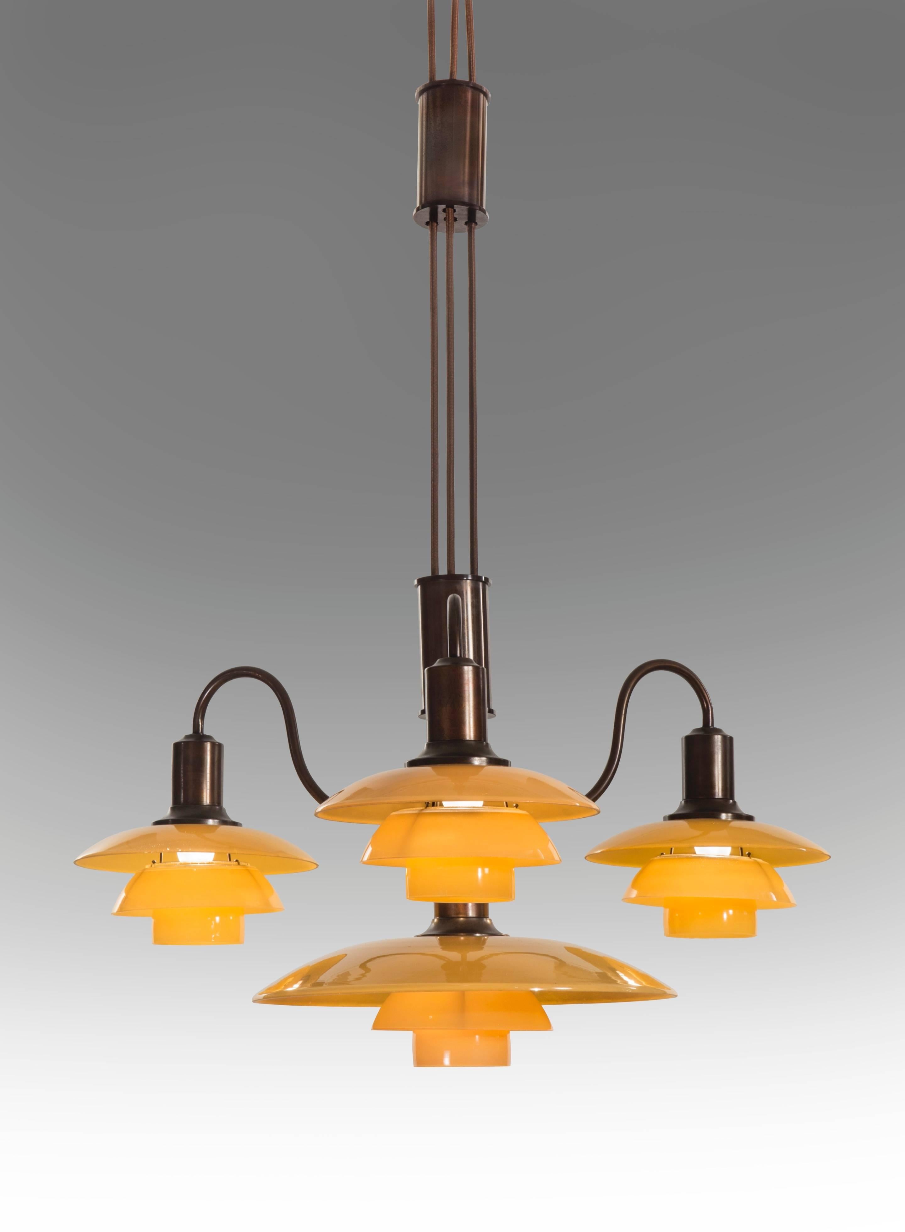 Poul Henningsen, Rare Danish 4 Light Adjustable Painted Glass Chandelier In Excellent Condition For Sale In New York, NY