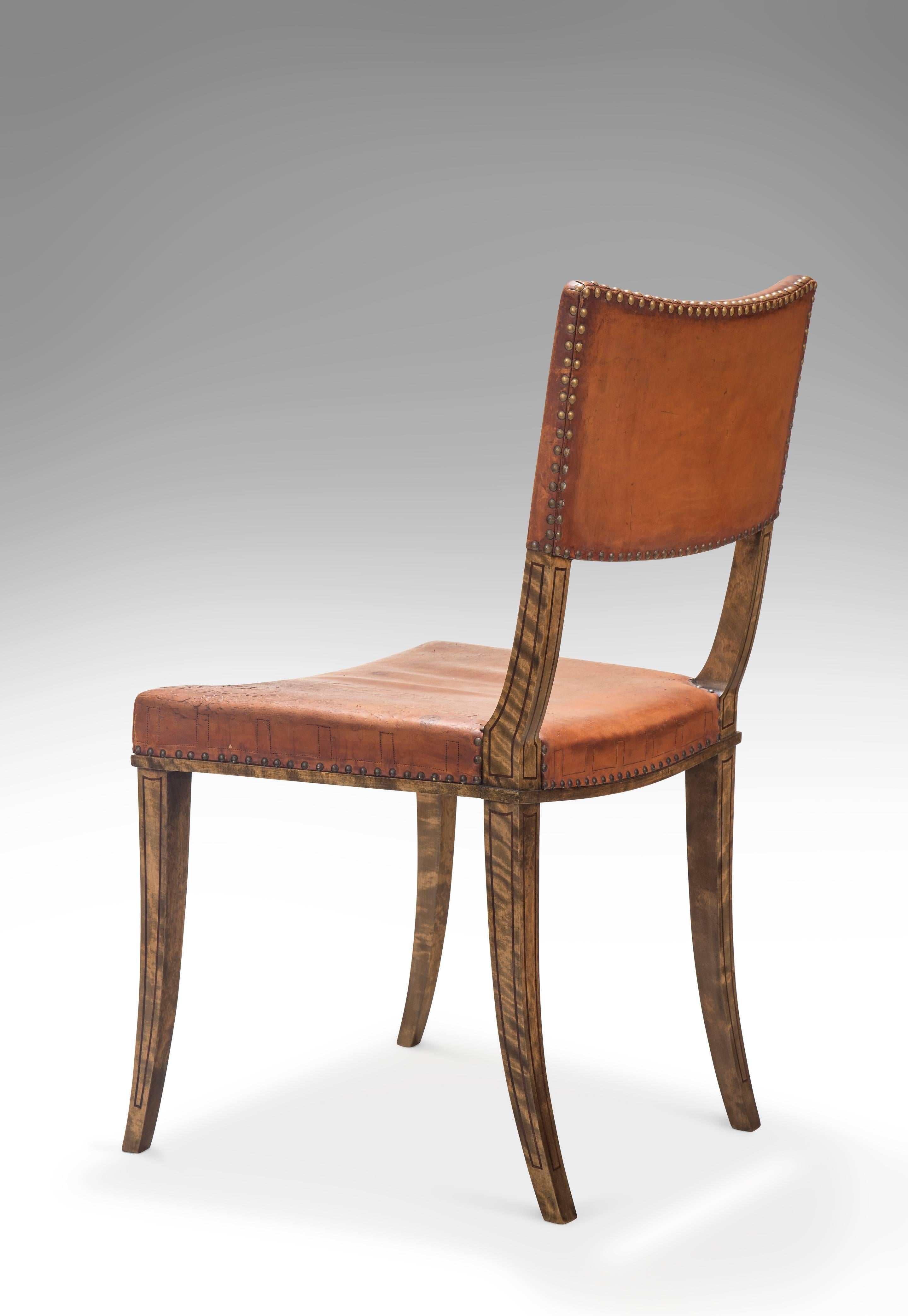 20th Century Carl Bergsten Attributed, 4 Swedish Purpleheart Inlaid Birch Chairs