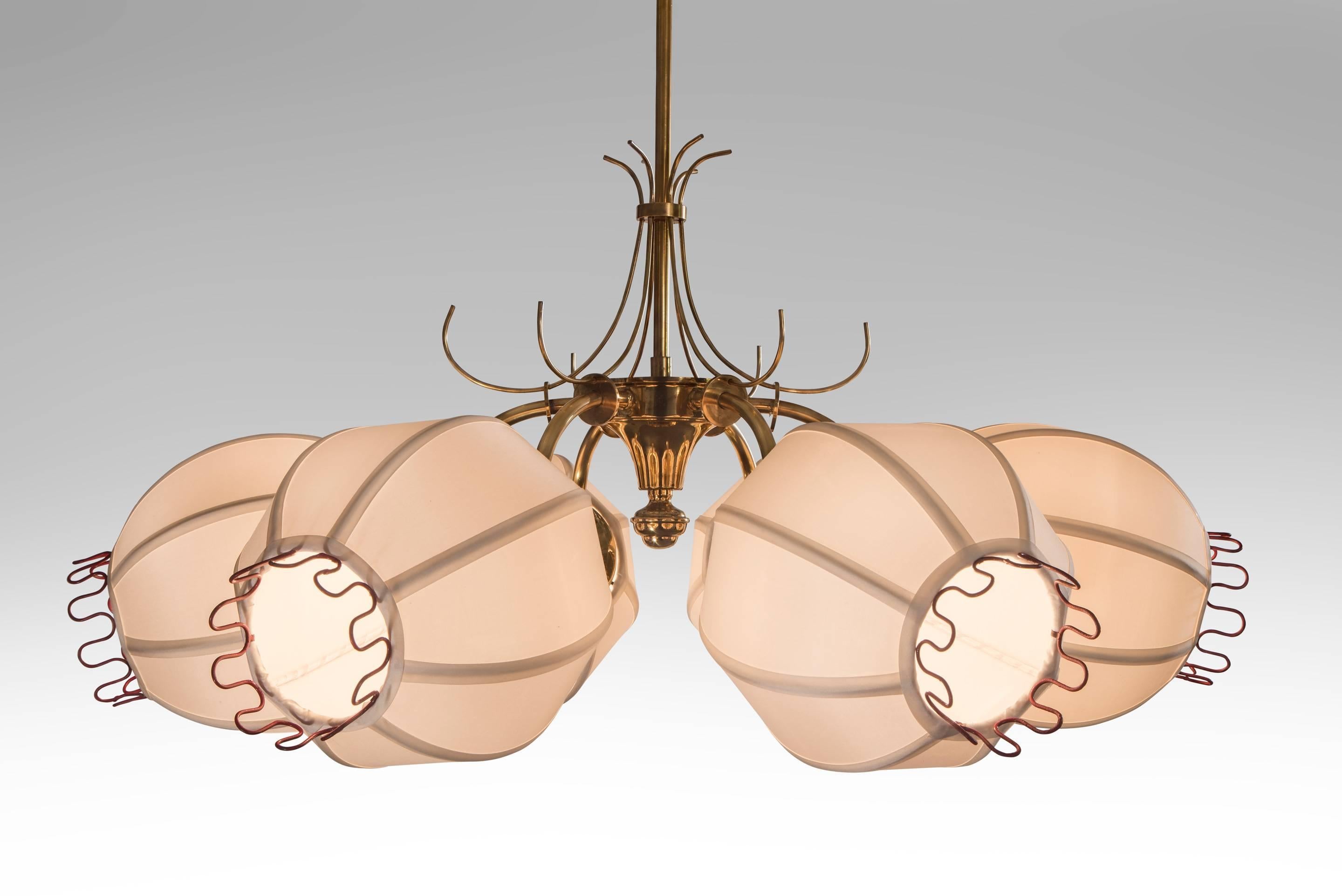 Mid-Century Modern Unusual Swedish Brass, Wire and Silk Shaded Six-Light Chandelier For Sale