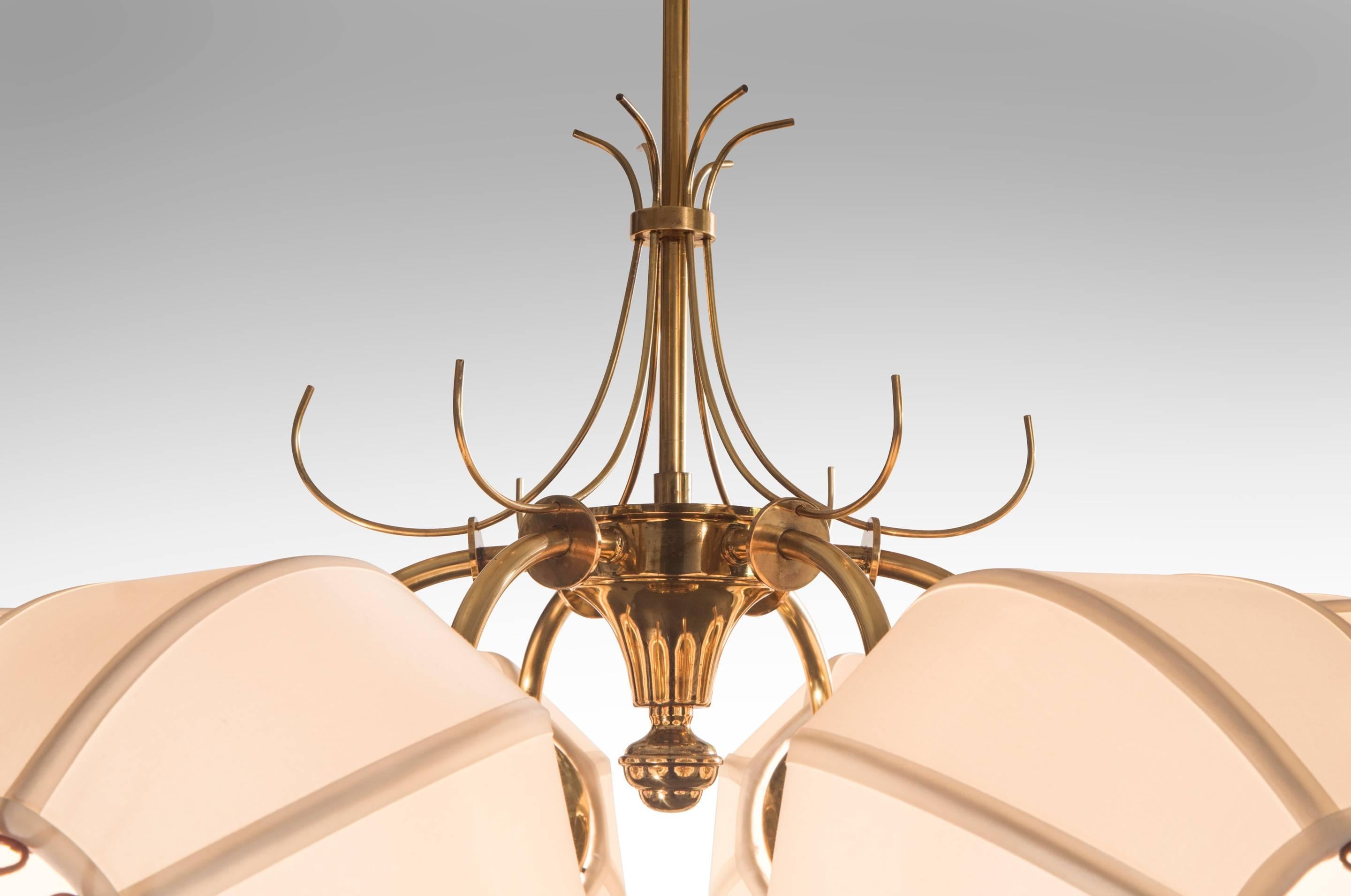 Unusual Swedish Brass, Wire and Silk Shaded Six-Light Chandelier In Good Condition For Sale In New York, NY