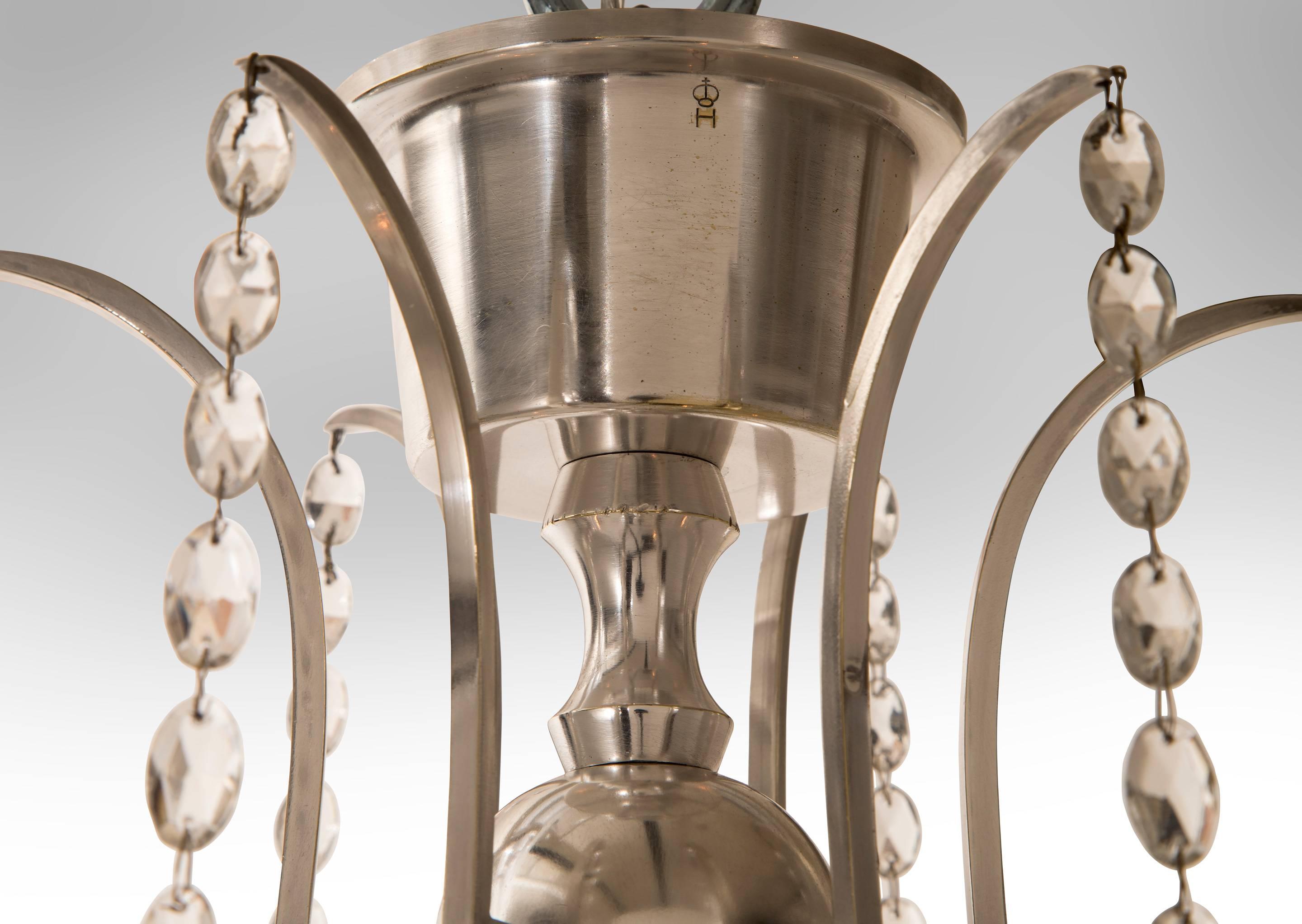 Silver Plate Elis Bergh for C.G. Hallberg, Rare Swedish Grace Period Silvered Chandelier