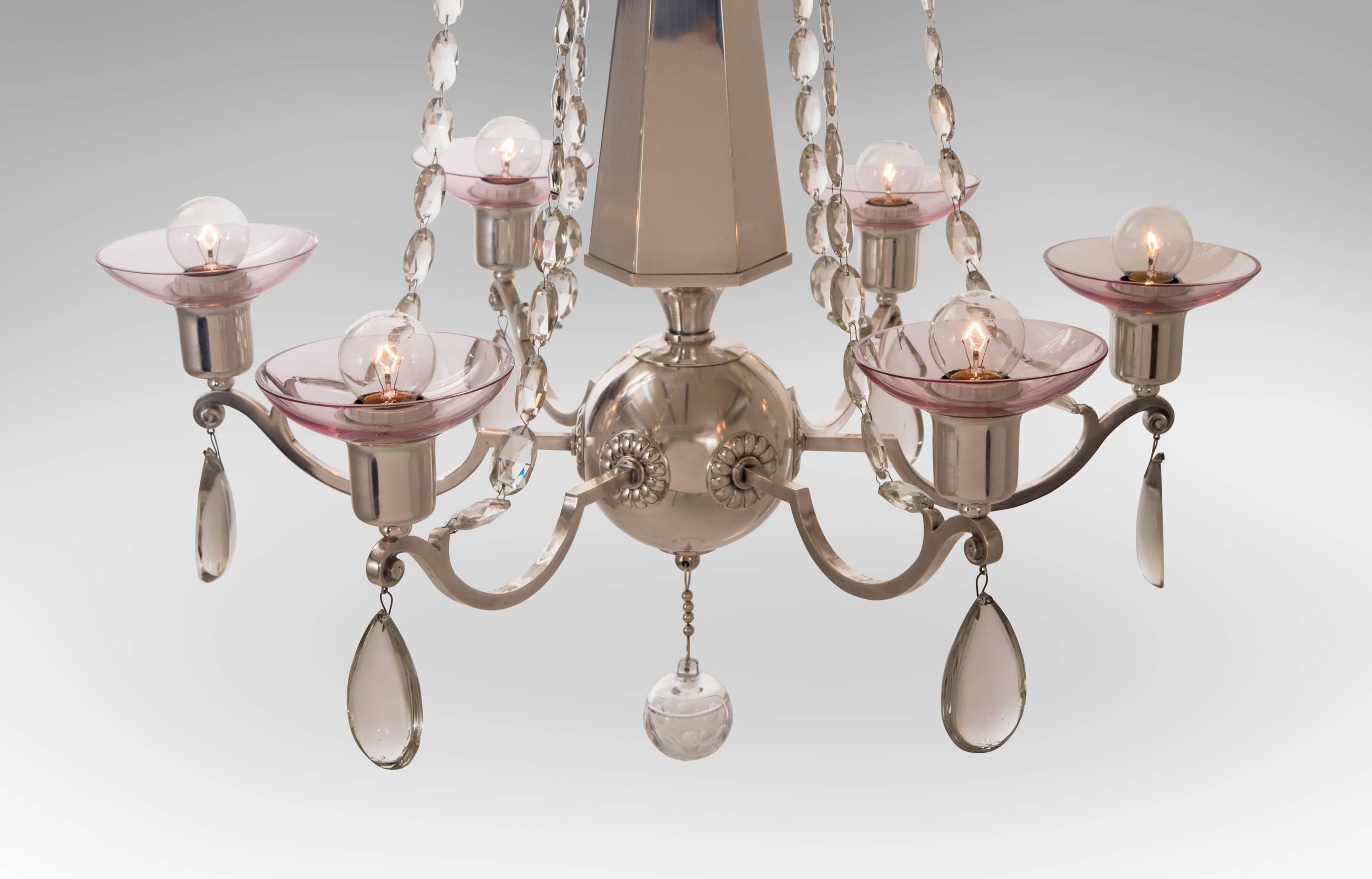 Art Deco Elis Bergh for C.G. Hallberg, Rare Swedish Grace Period Silvered Chandelier