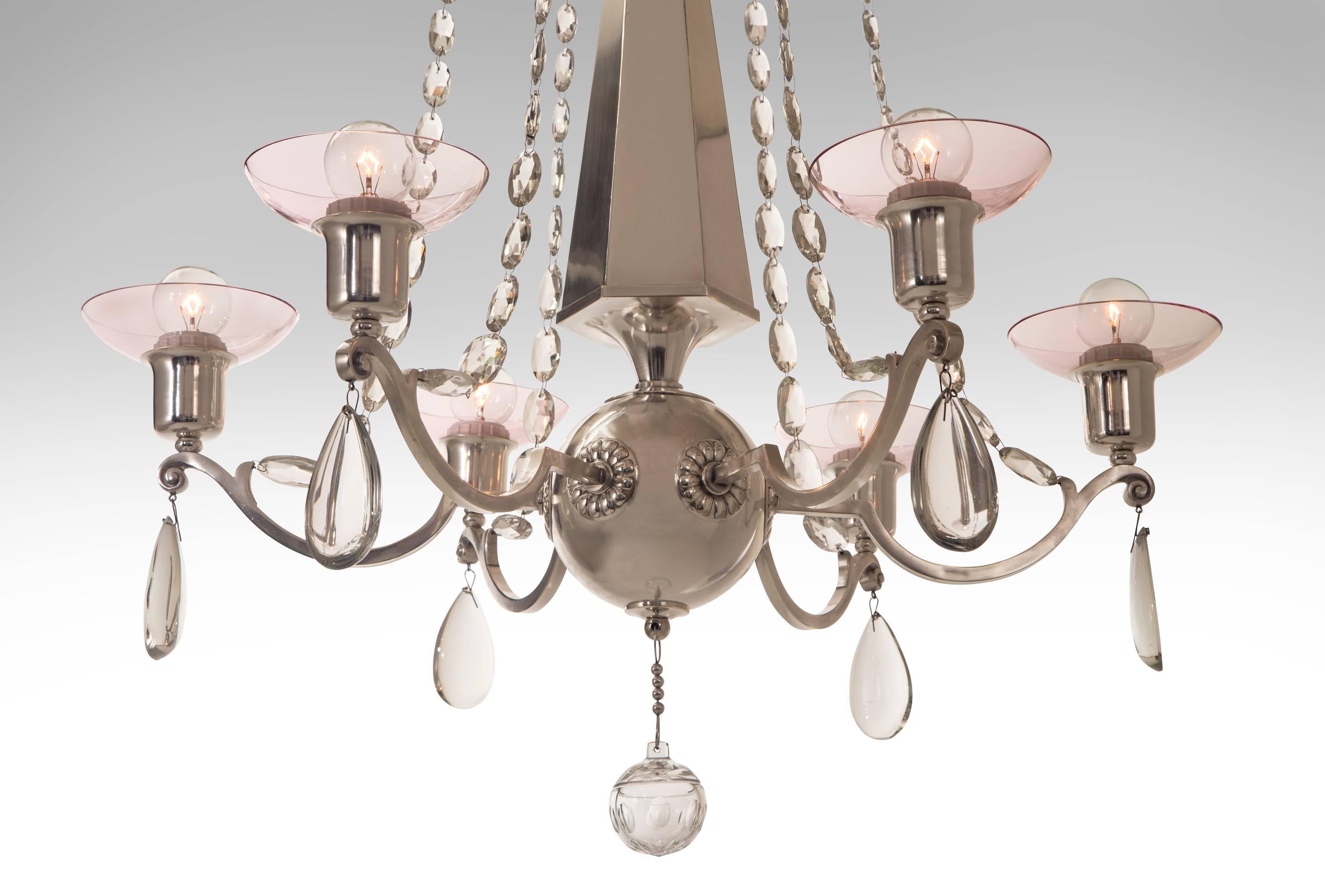 Elis Bergh for C.G. Hallberg, Rare Swedish Grace Period Silvered Chandelier In Good Condition In New York, NY