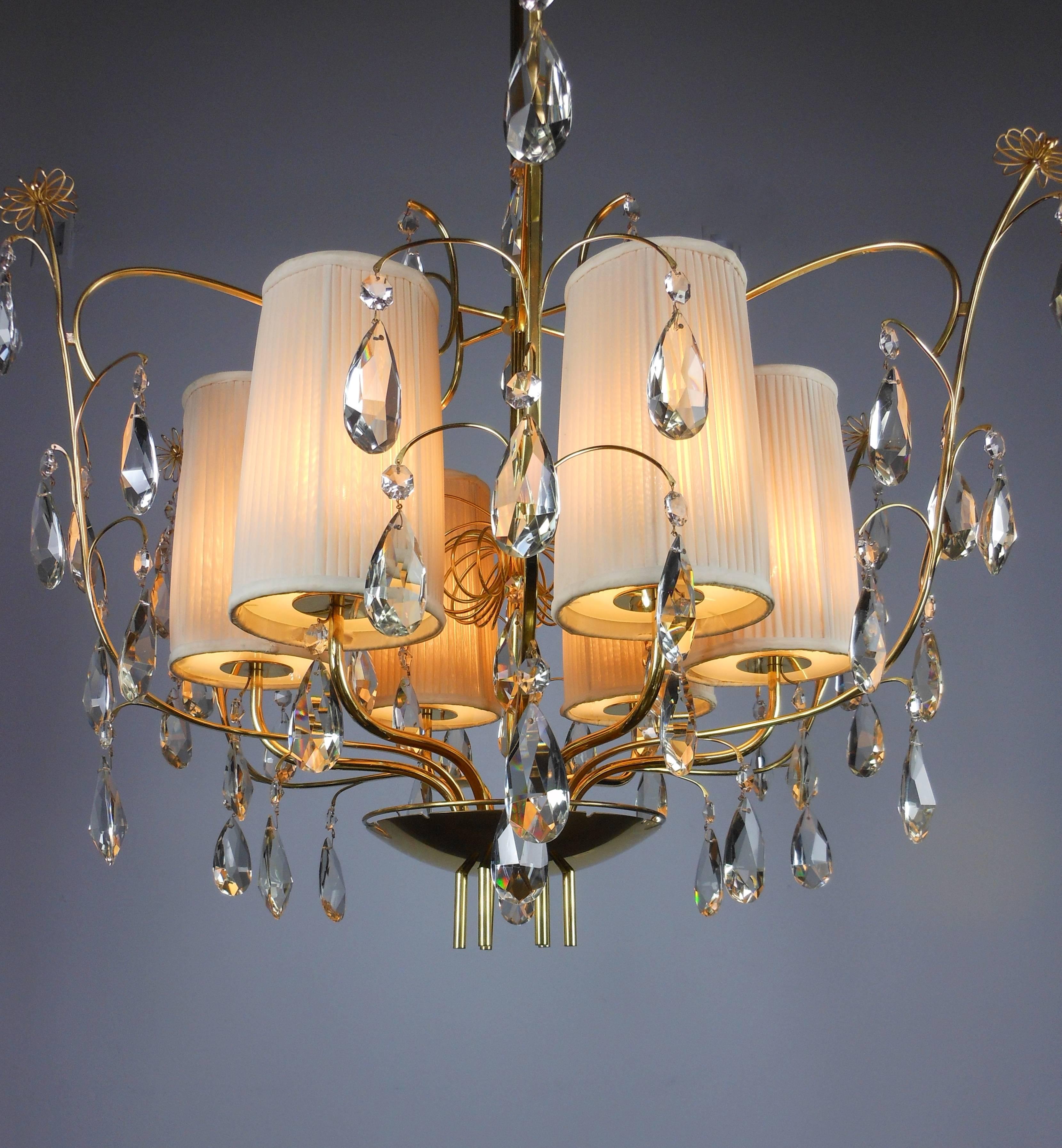 Mid-Century Modern Paavo Tynell, Rare and Large Brass and Crystal Six Light Chandelier  For Sale