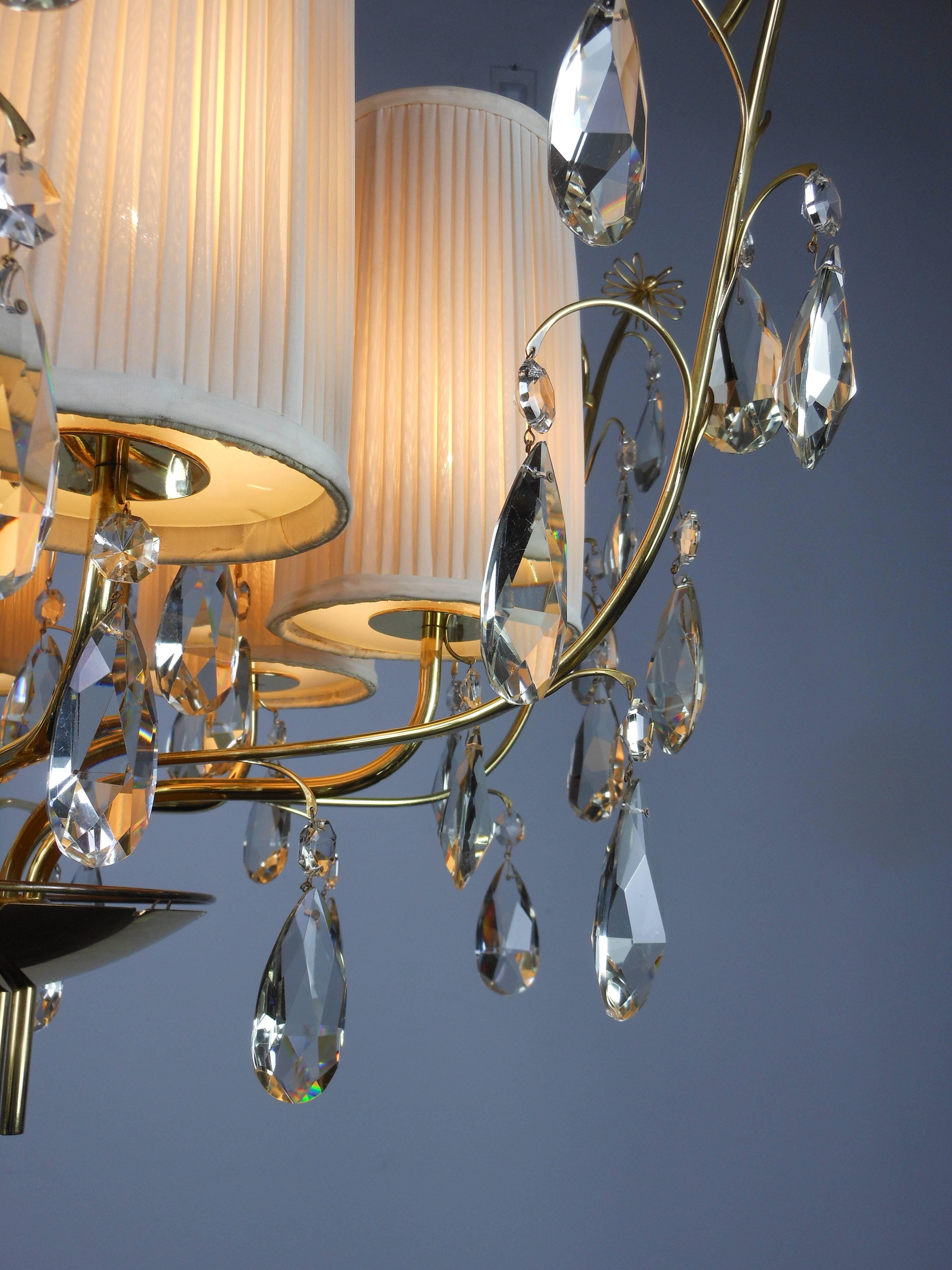 Finnish Paavo Tynell, Rare and Large Brass and Crystal Six Light Chandelier  For Sale
