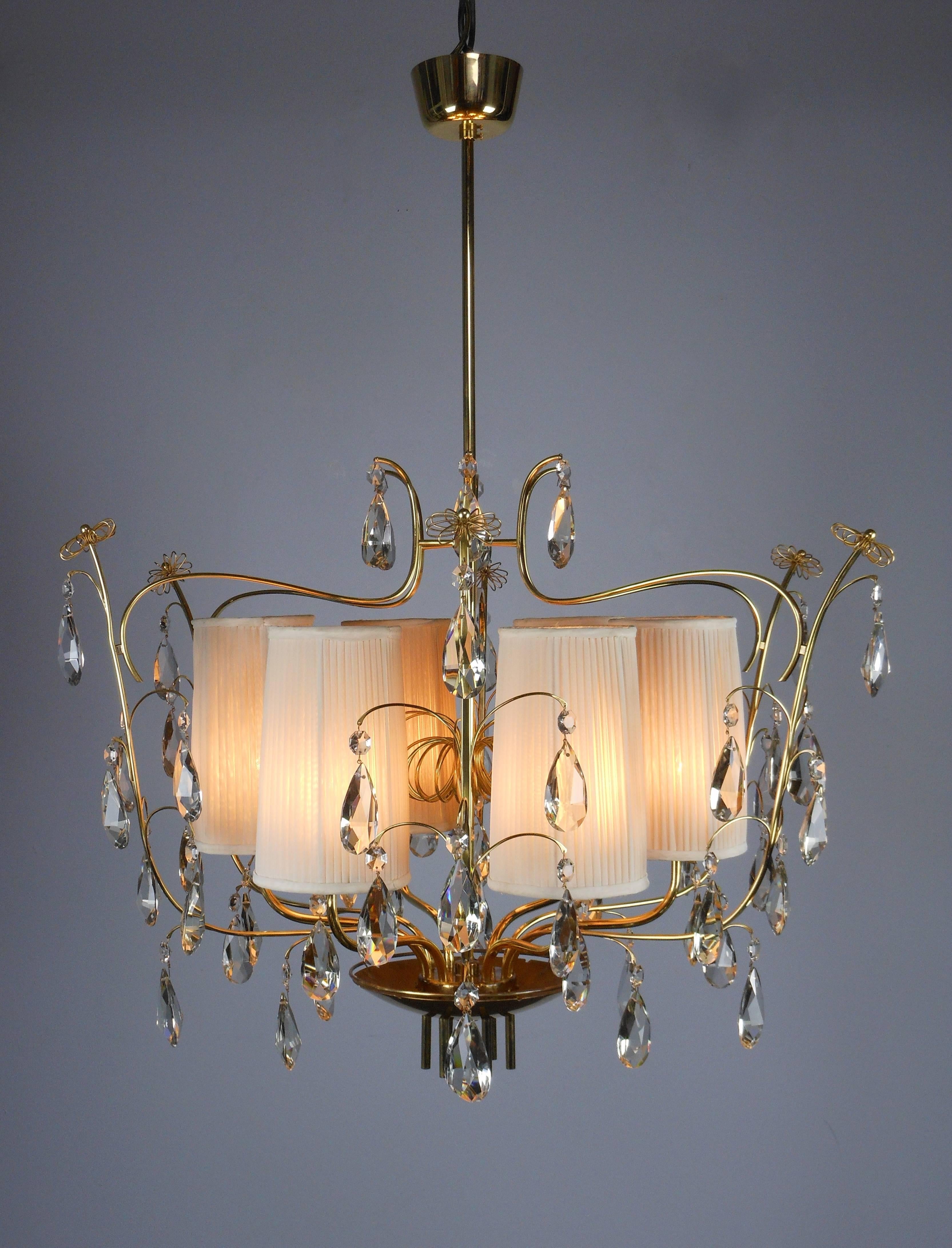Paavo Tynell, Rare and Large Brass and Crystal Six Light Chandelier  In Good Condition For Sale In New York, NY