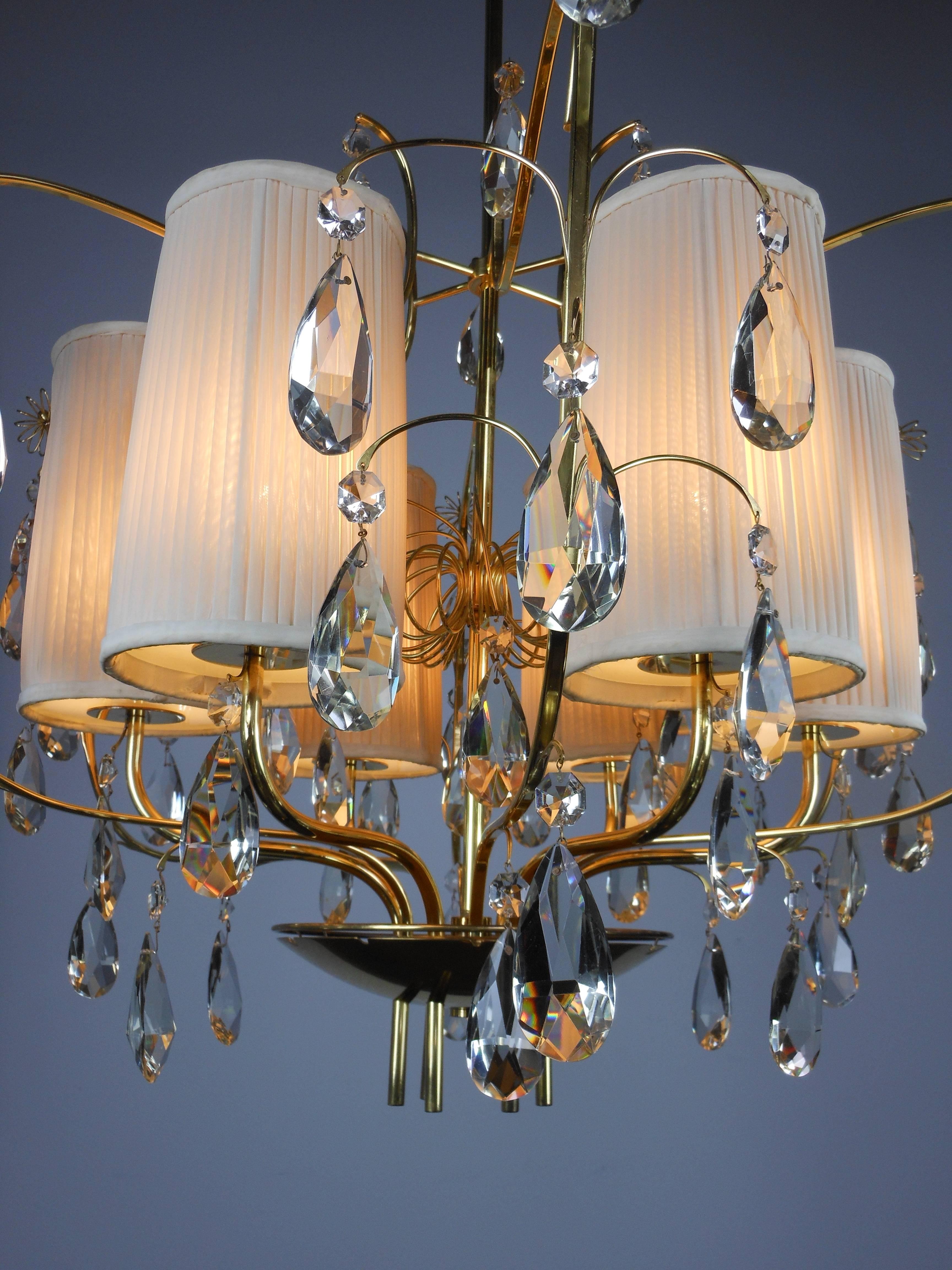 Mid-20th Century Paavo Tynell, Rare and Large Brass and Crystal Six Light Chandelier  For Sale