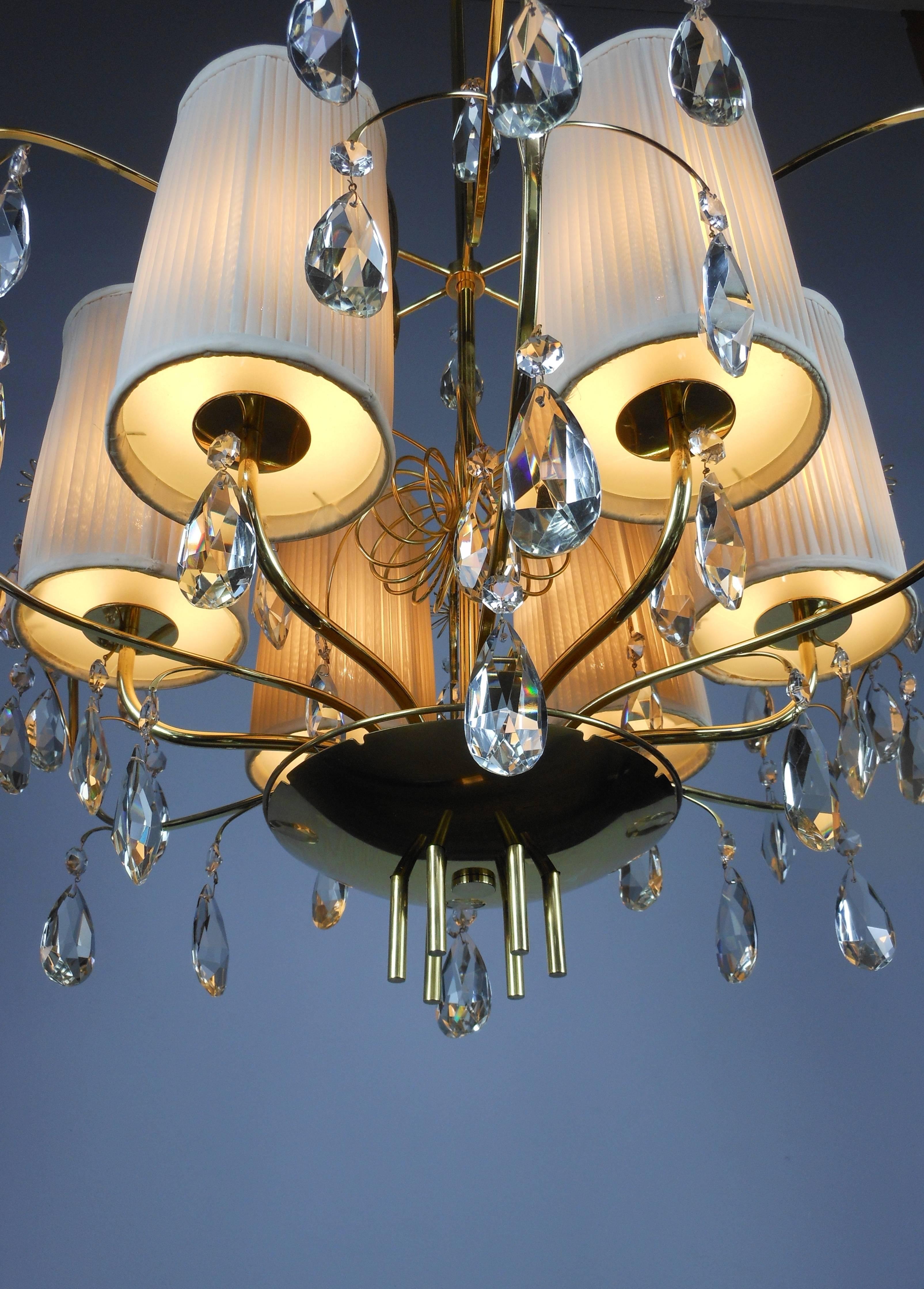 Paavo Tynell, Rare and Large Brass and Crystal Six Light Chandelier  For Sale 1
