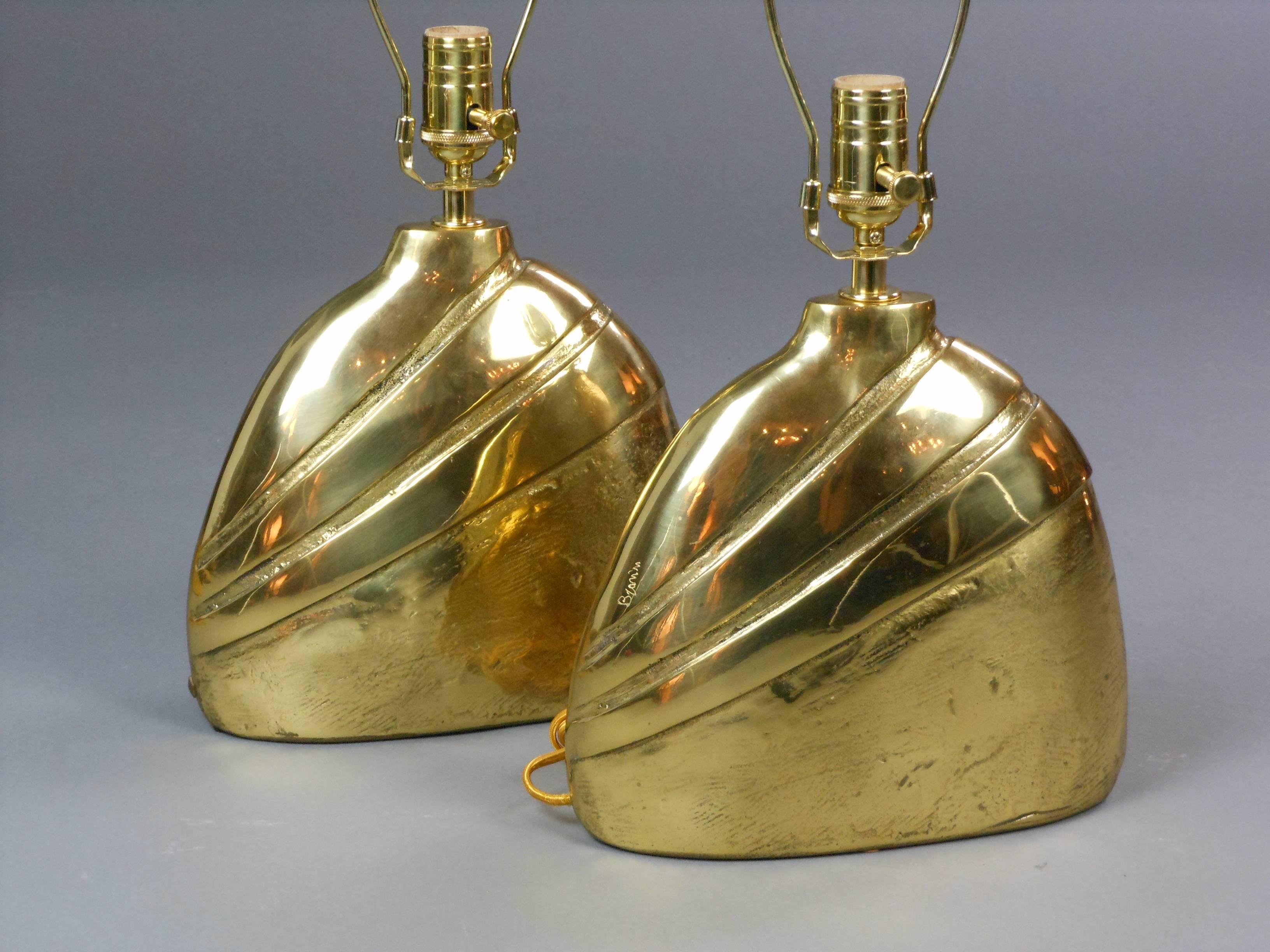 Mid-Century Modern Pair of Italian Cast Brass Lamps.  Signed. For Sale