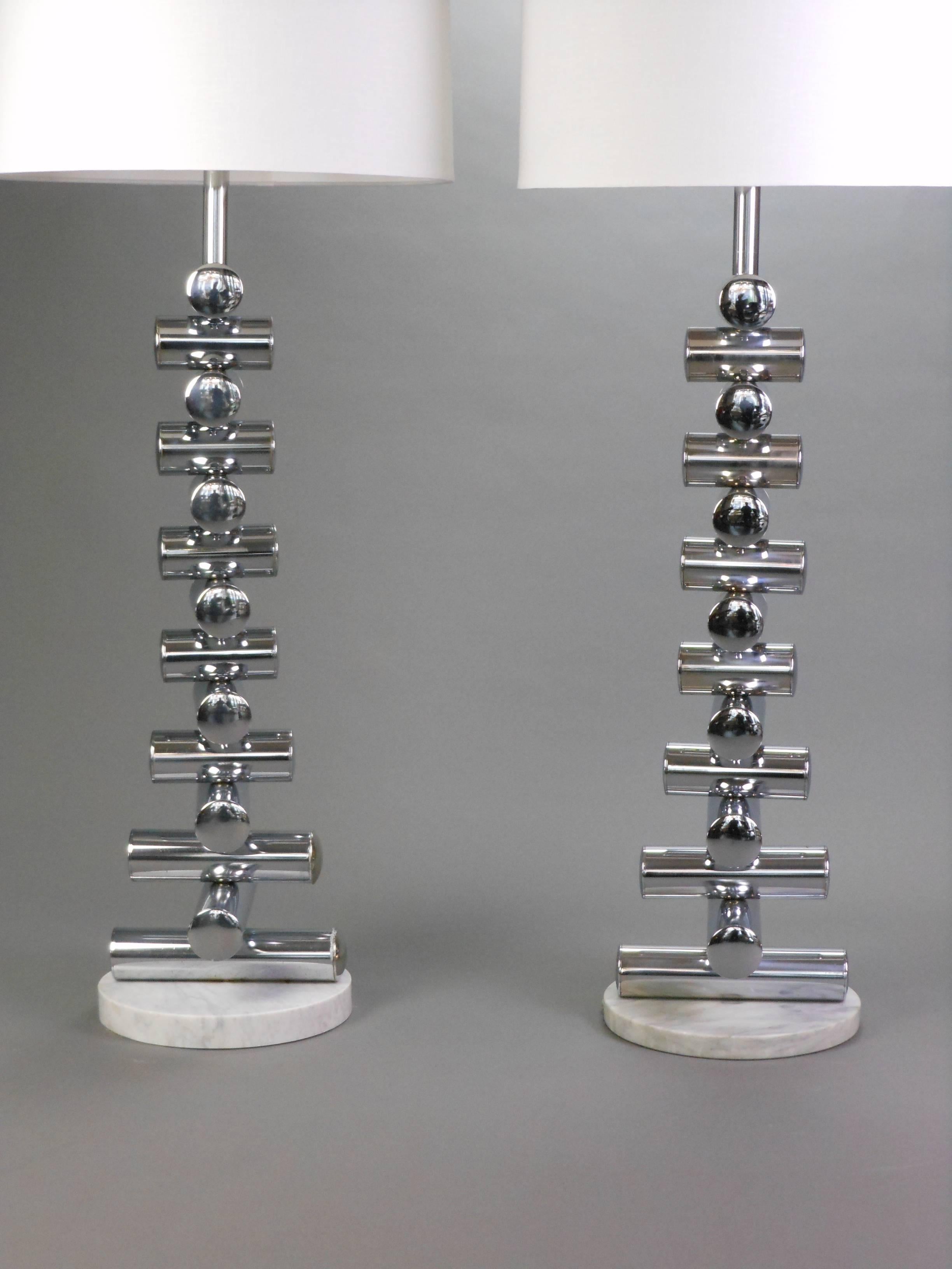 Post-Modern A Matched Pair of Italian Steel and Marble Floor Lamps For Sale