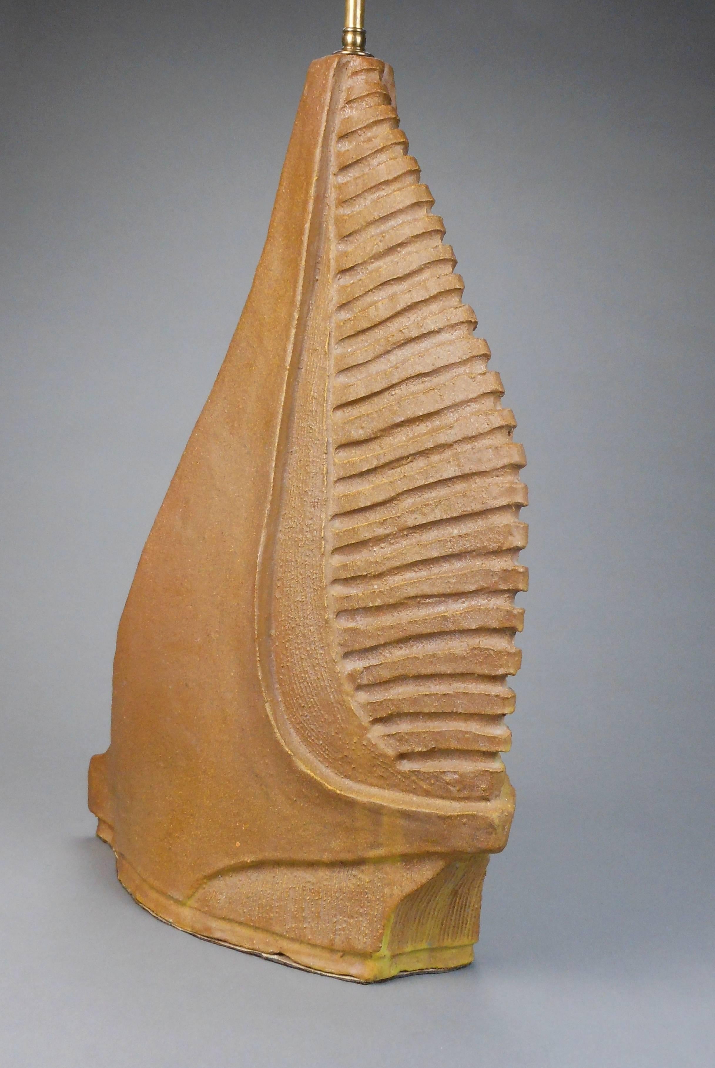 Canadian Charles Sucsan, Large and Rare Glazed Terra Cotta Abstract Lamp For Sale
