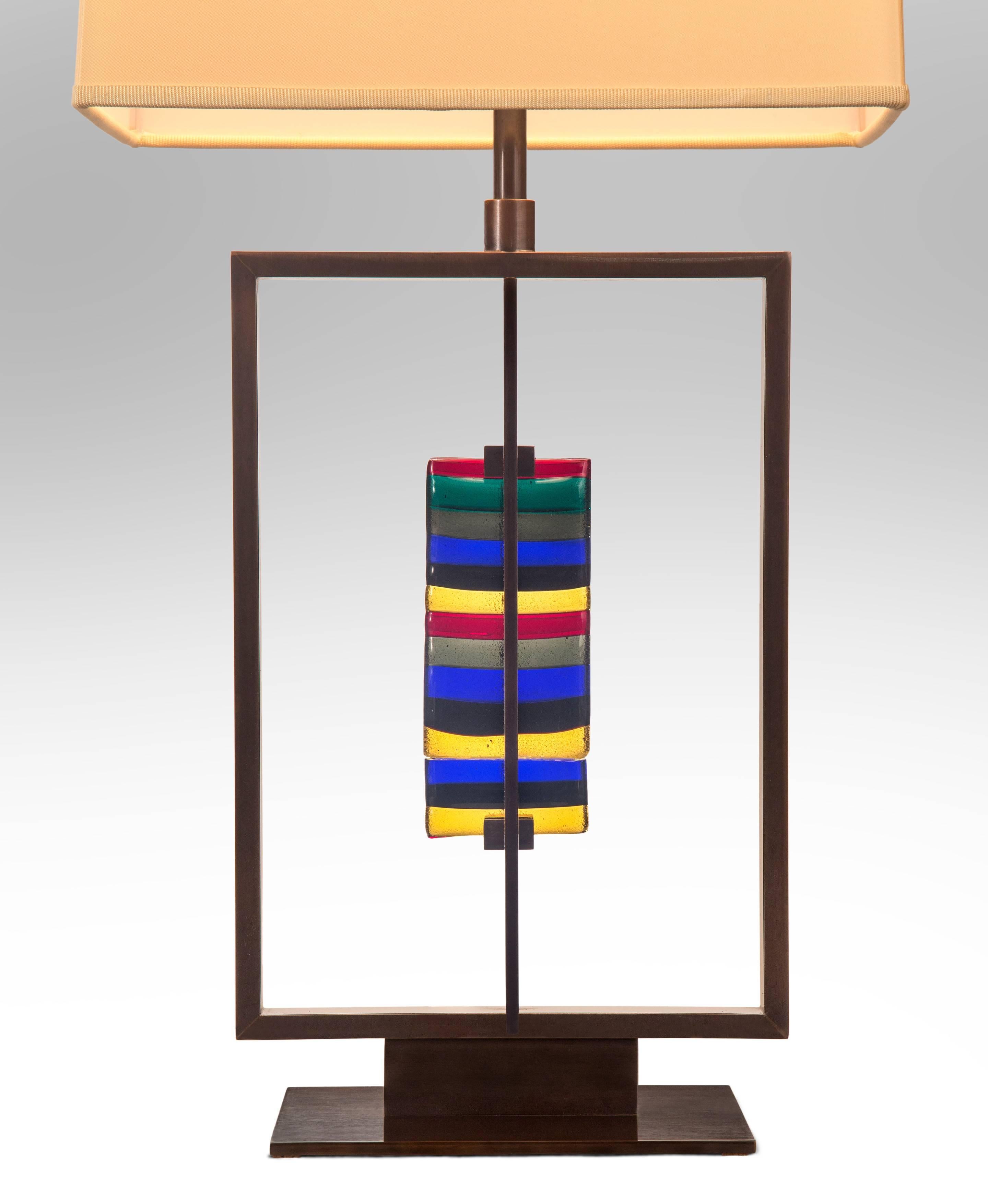 Modern Roberto Rida, Pair of Polychromatic Murano Glass and Gunmetal Patinated Lamps For Sale