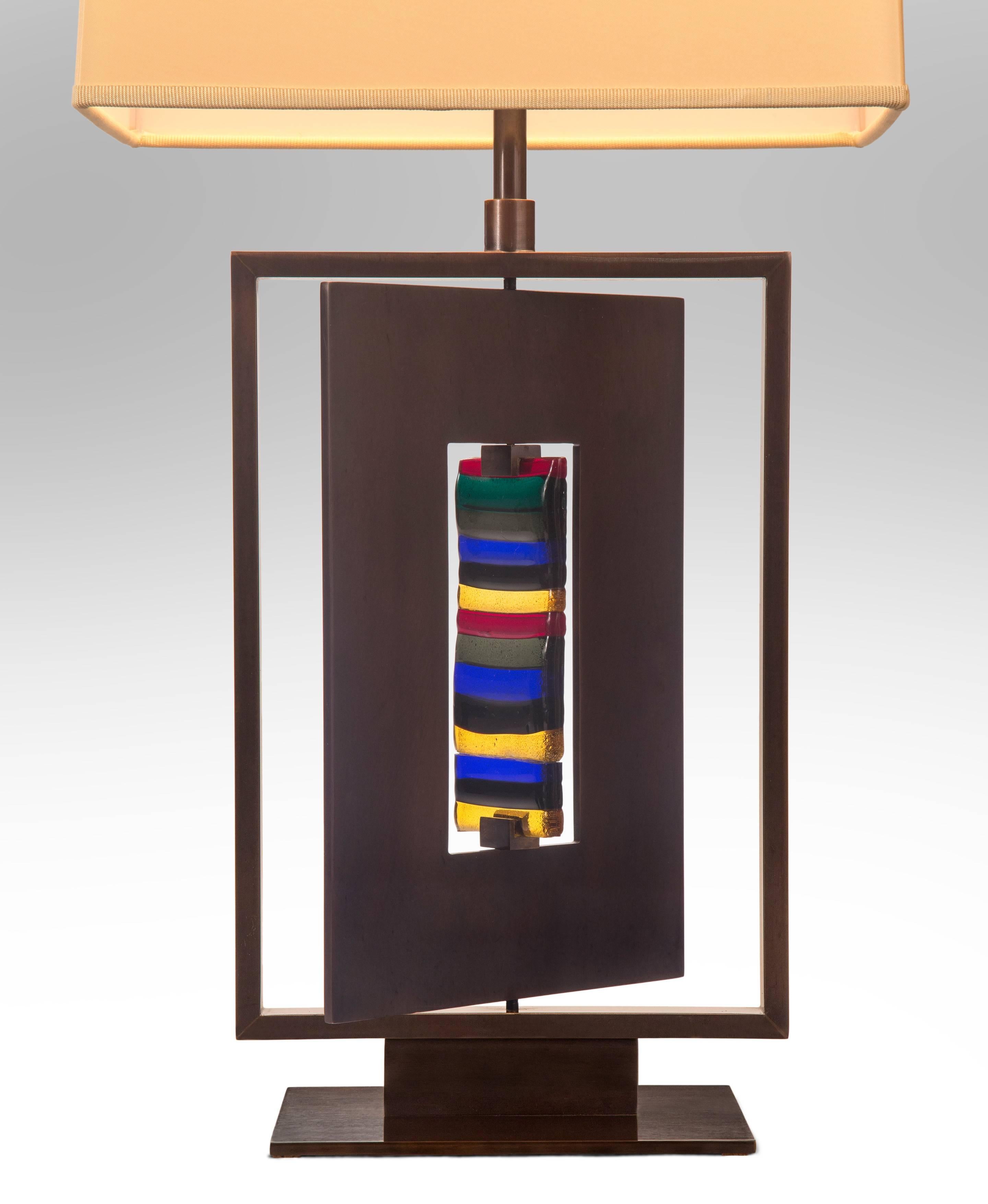 Italian Roberto Rida, Pair of Polychromatic Murano Glass and Gunmetal Patinated Lamps For Sale