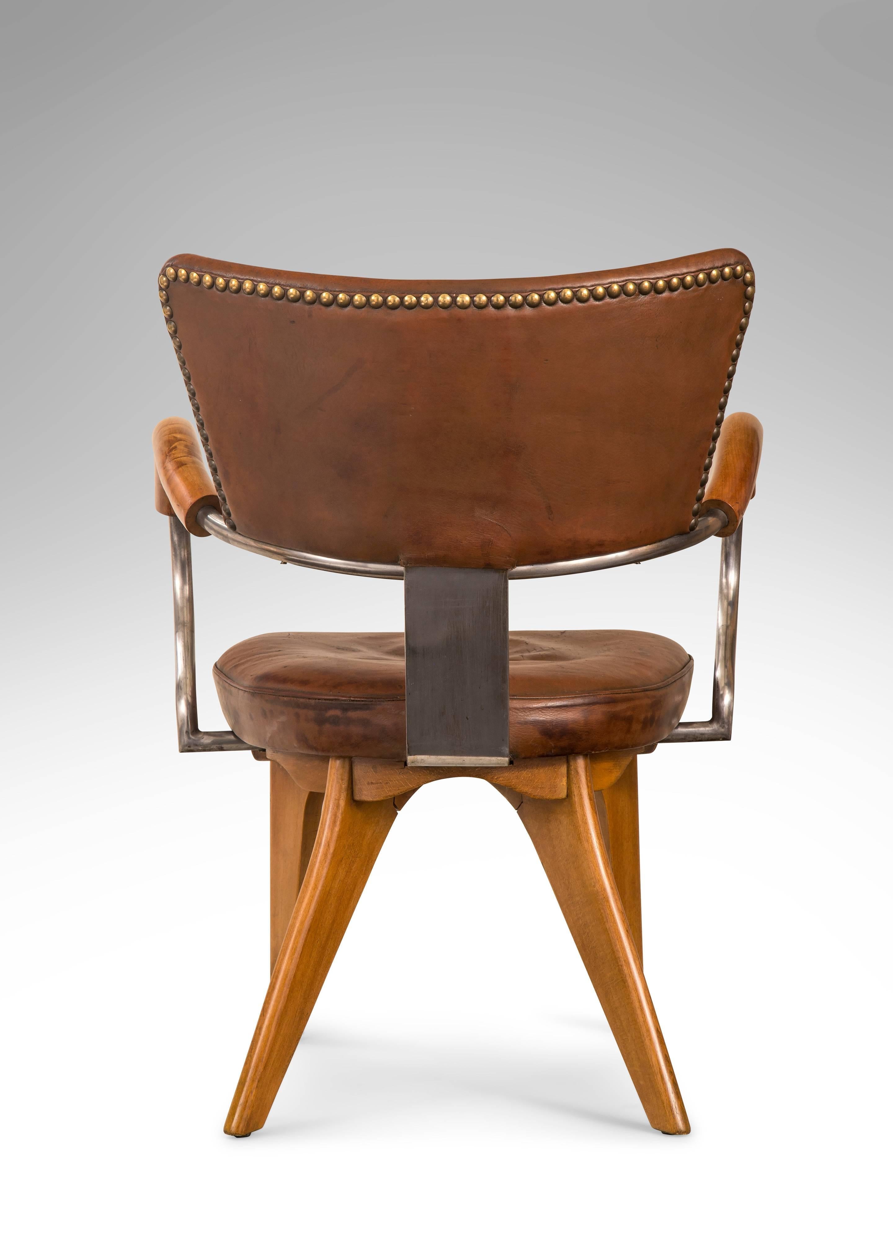 Scandinavian Modern Flemming Lassen, Rare if not Unique Original Leather, Beech and Steel Armchair