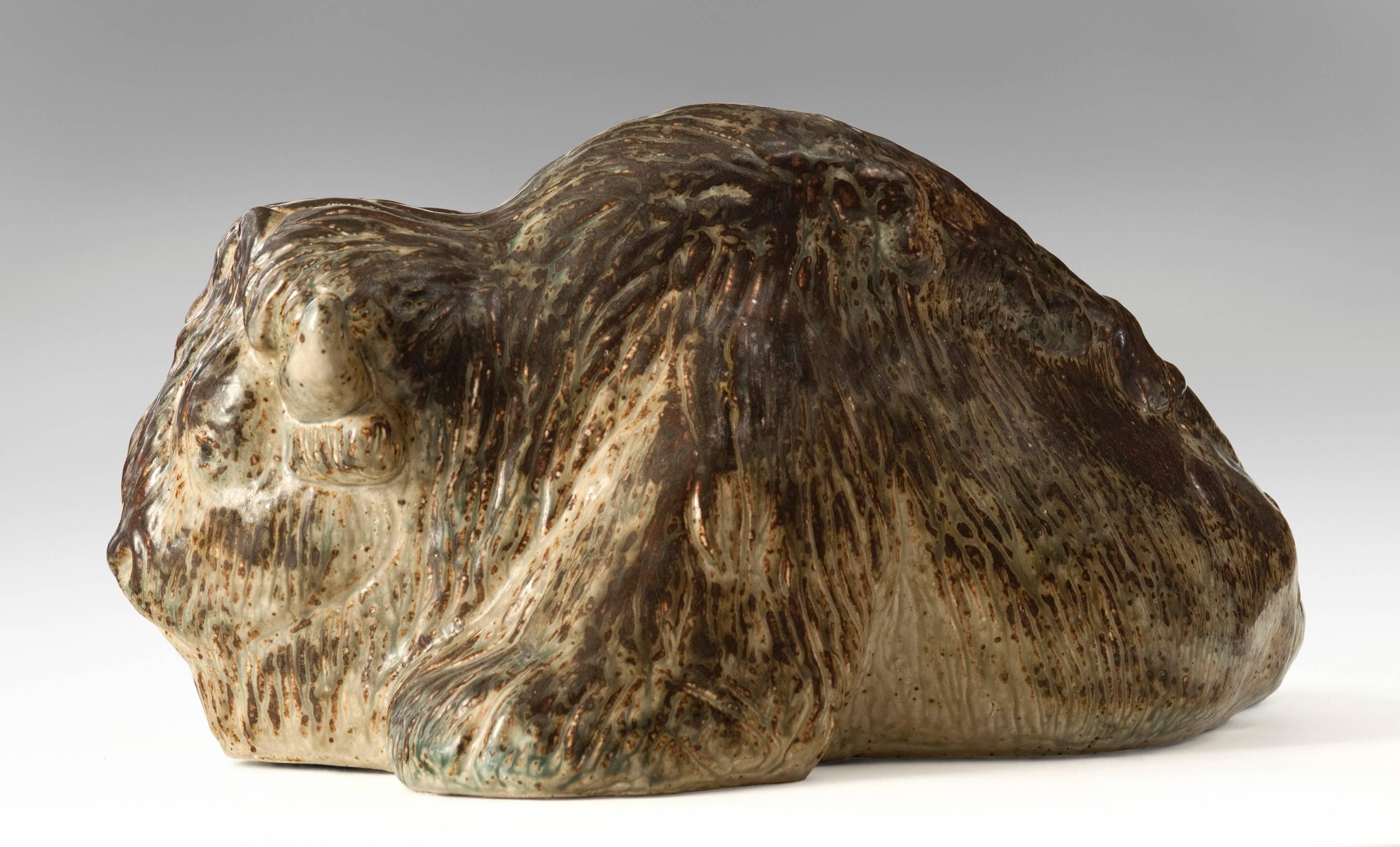 Karl Larsen for Royal Copenhagen, Large Danish Stoneware Buffalo In Good Condition For Sale In New York, NY