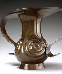 A Rare and Large Signed Japanese Green and Brown Patinated Bronze Flying Handle