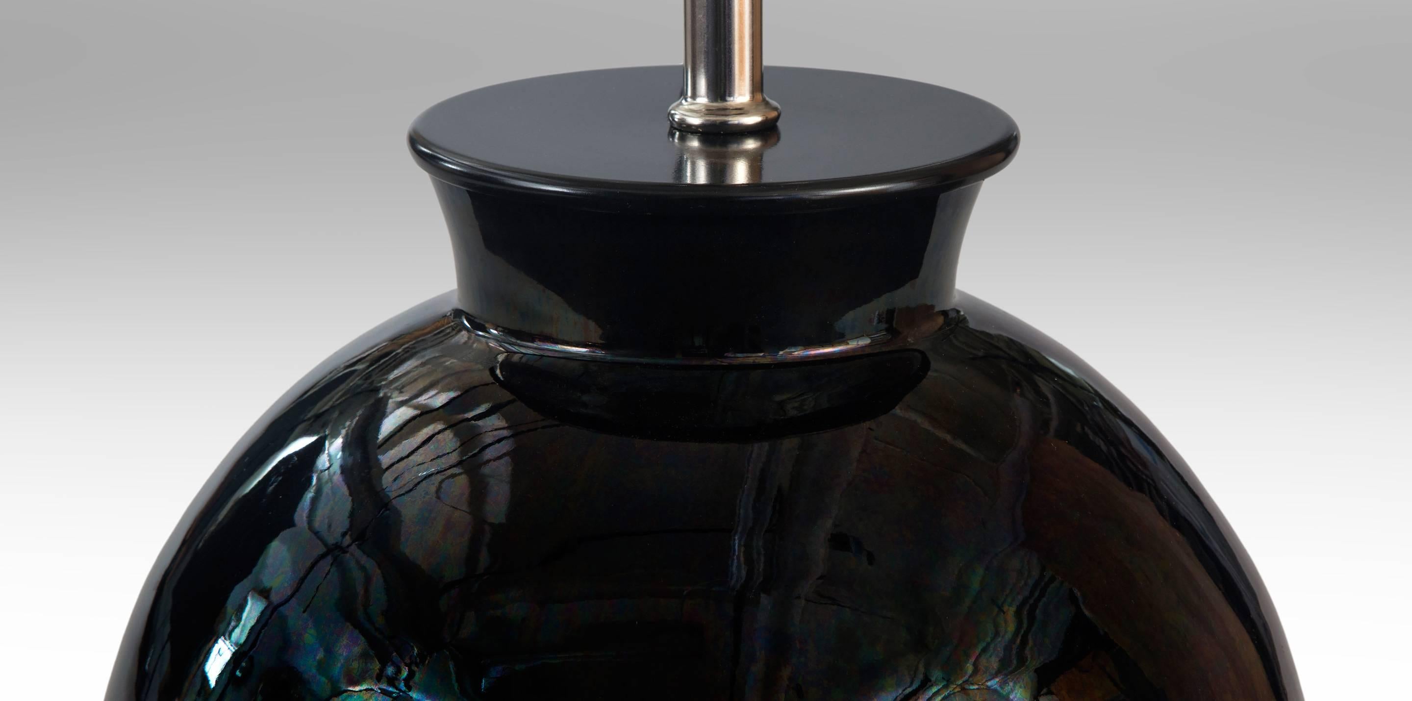 Modern Kähler, A Danish Black Iridescent Glazed Round Vase, Now a Lamp