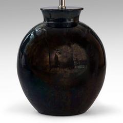 Kähler, A Danish Black Iridescent Glazed Round Vase, Now a Lamp