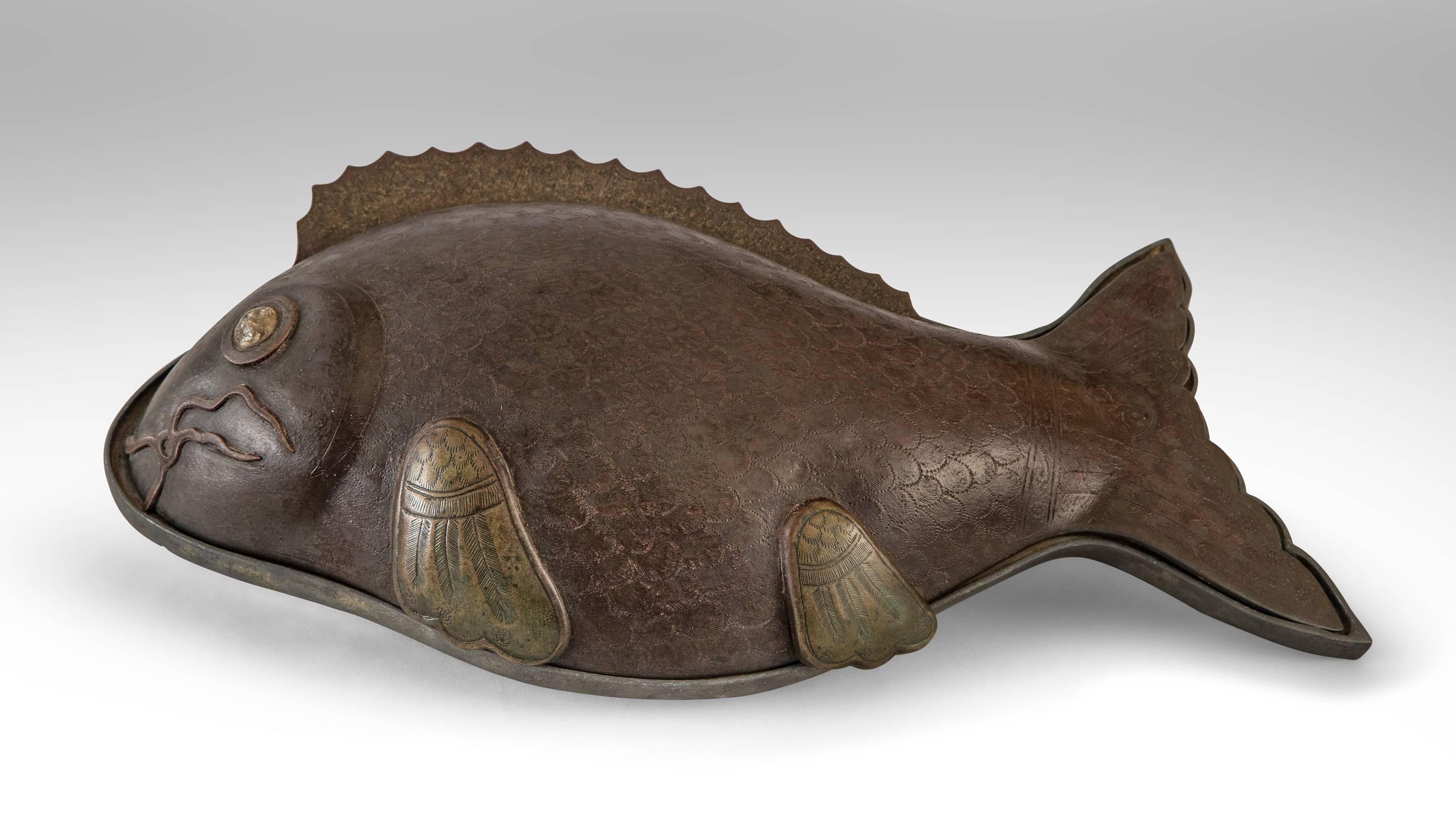 A Chinese Paktong Covered Dish / Box in the Form of a Carp  In Good Condition In New York, NY