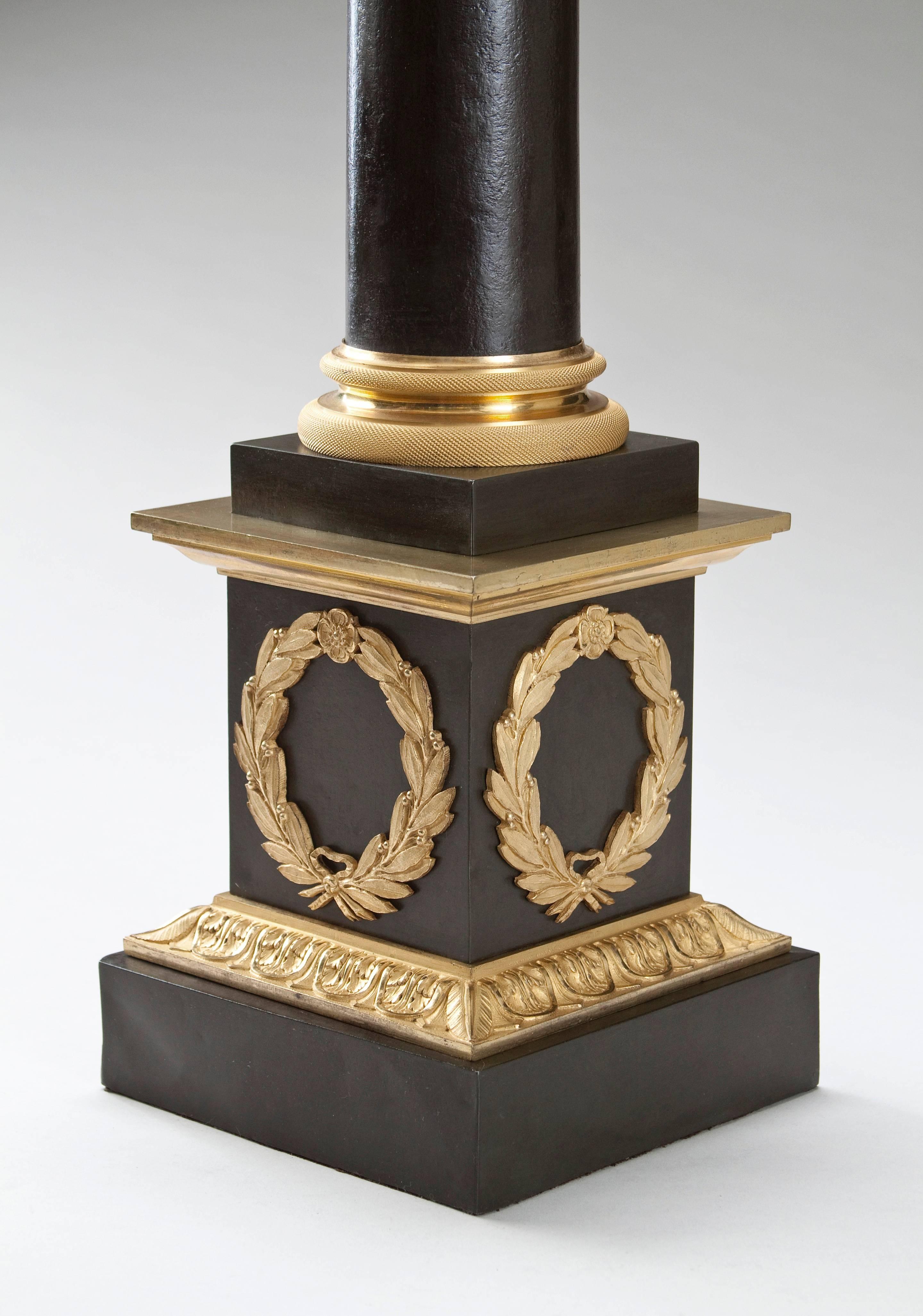 A Remarkably Tall Empire Tole and Gilt Bronze Corinthian Column Lamp In Good Condition In New York, NY