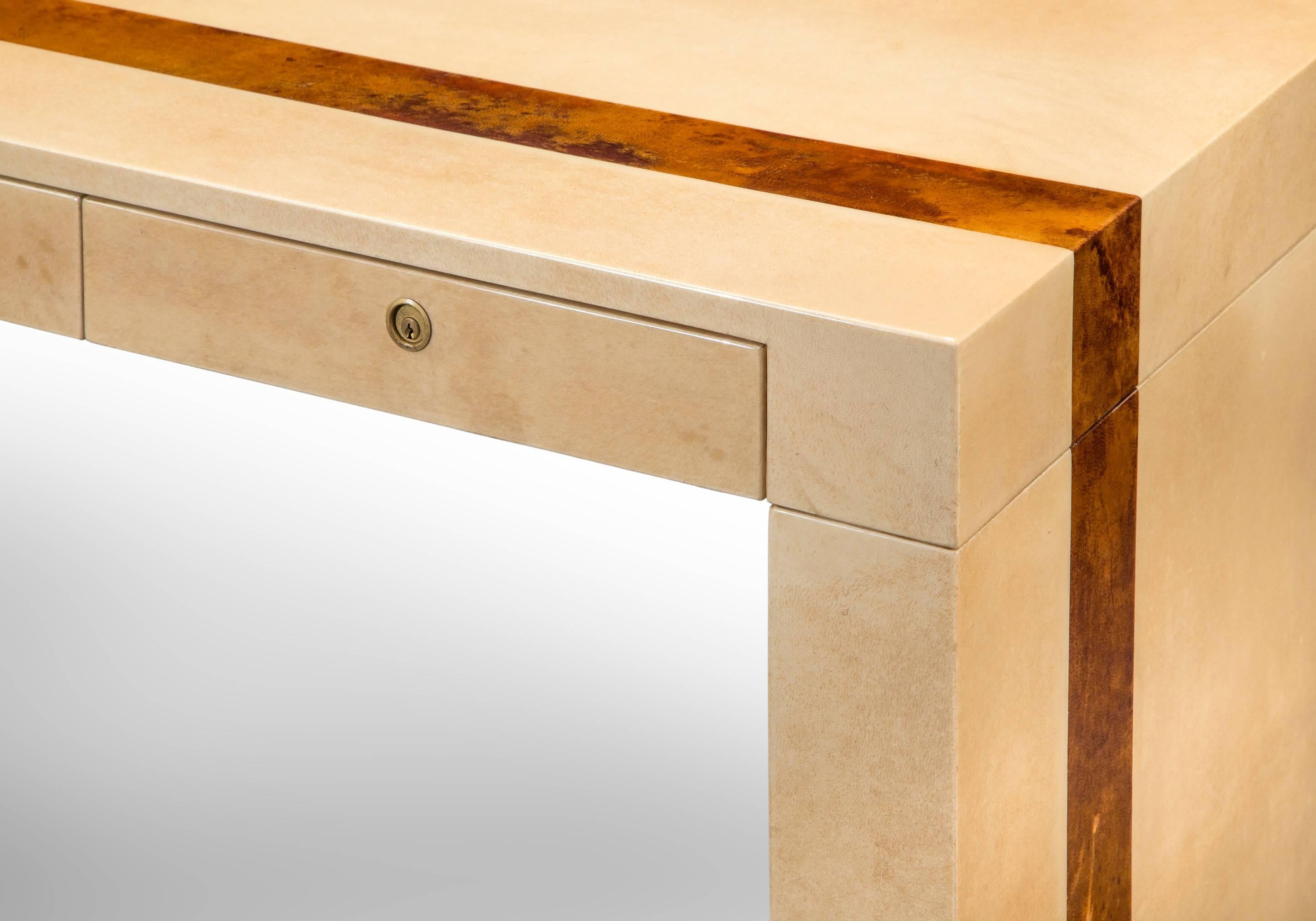 Late 20th Century Aldo Tura, Italian Four Drawer Ivory and Amber Pigmented Parchment Desk