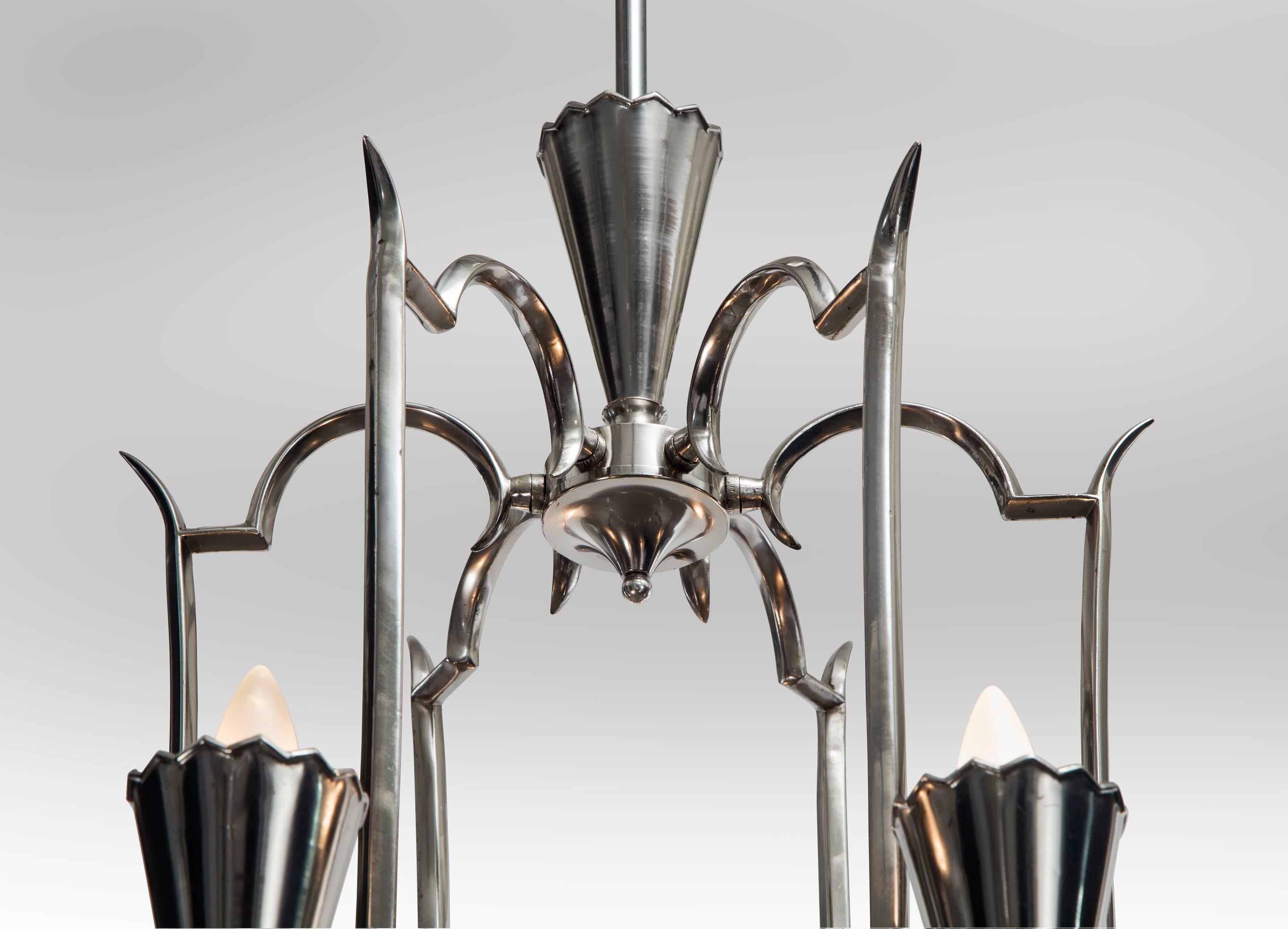 Early 20th Century Max Kruger, German Art Deco 6 Light Nickel Chandelier For Sale