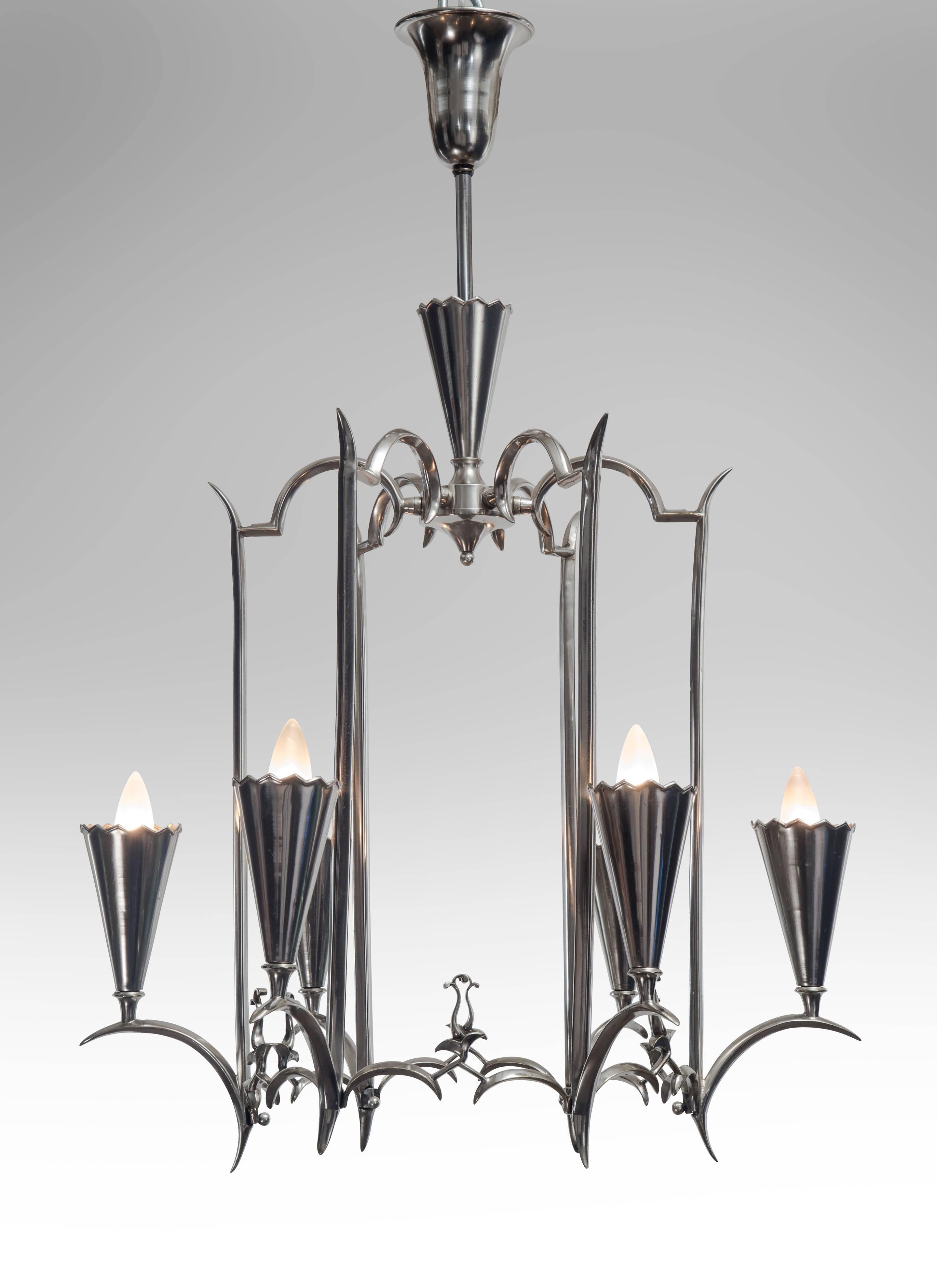 Max Kruger, German Art Deco 6 Light Nickel Chandelier In Good Condition For Sale In New York, NY