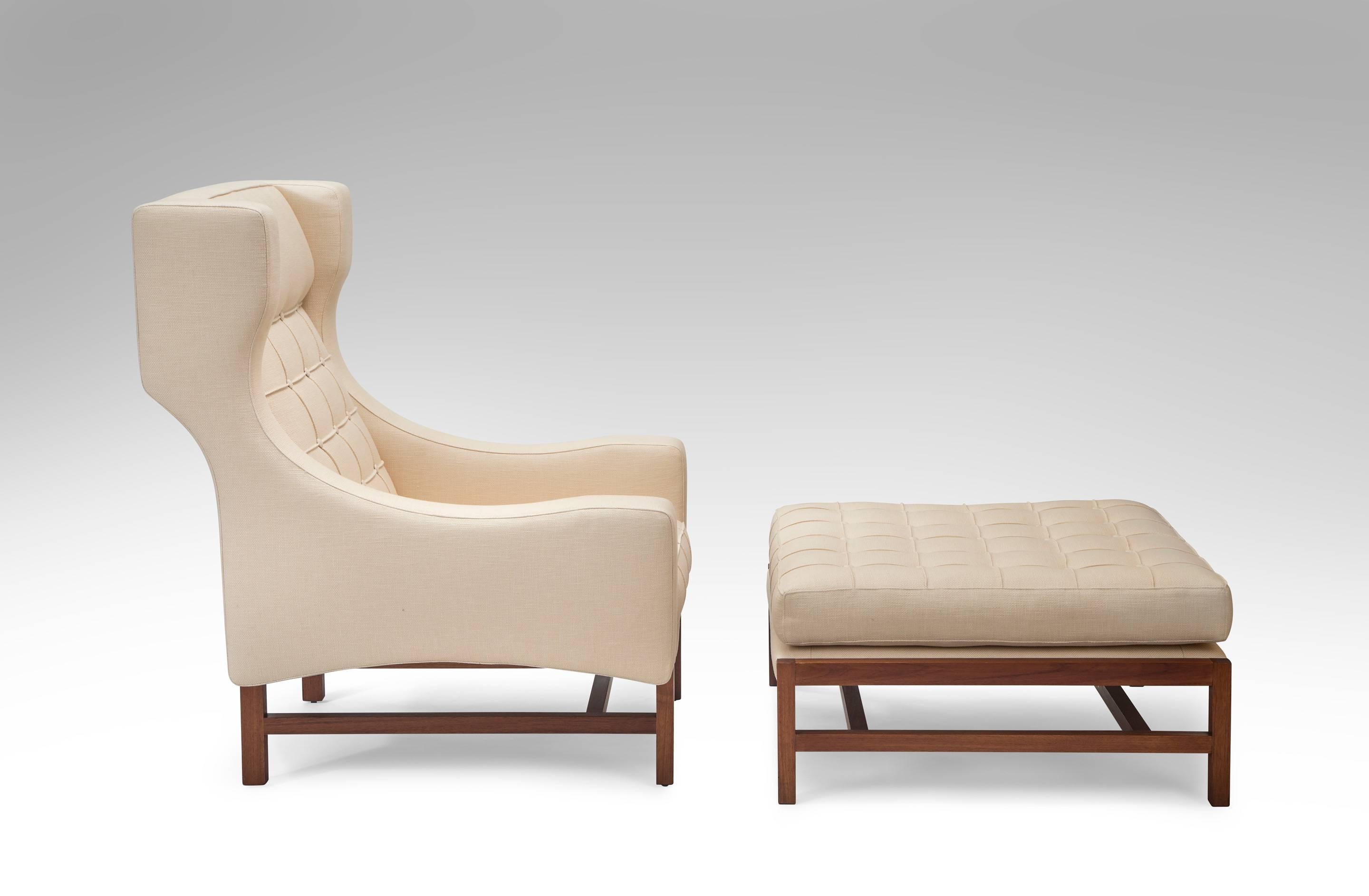 Upholstery Ammannati & Vitelli, Pair of Italian Walnut Upholstered Armchairs with Ottomans