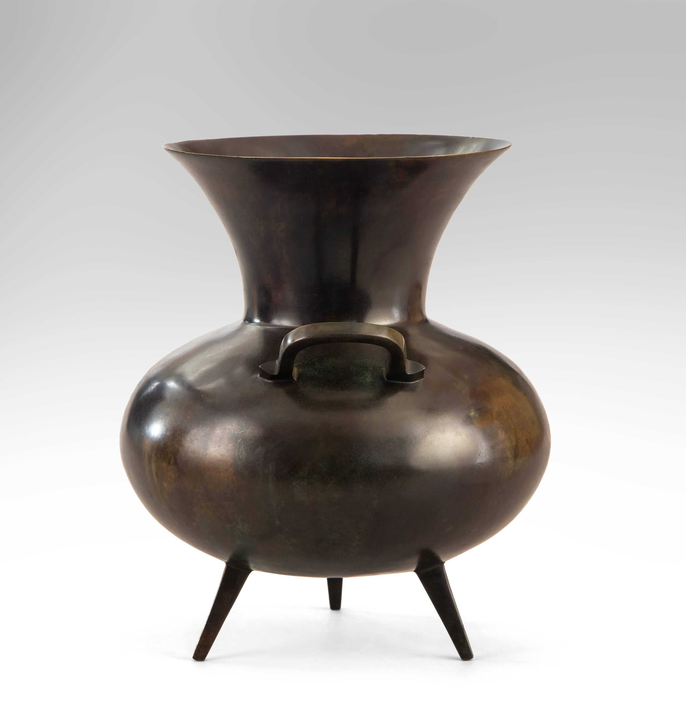 Meiji A Japanese Brown Patinated Bronze Pot with Handles and Three Feet