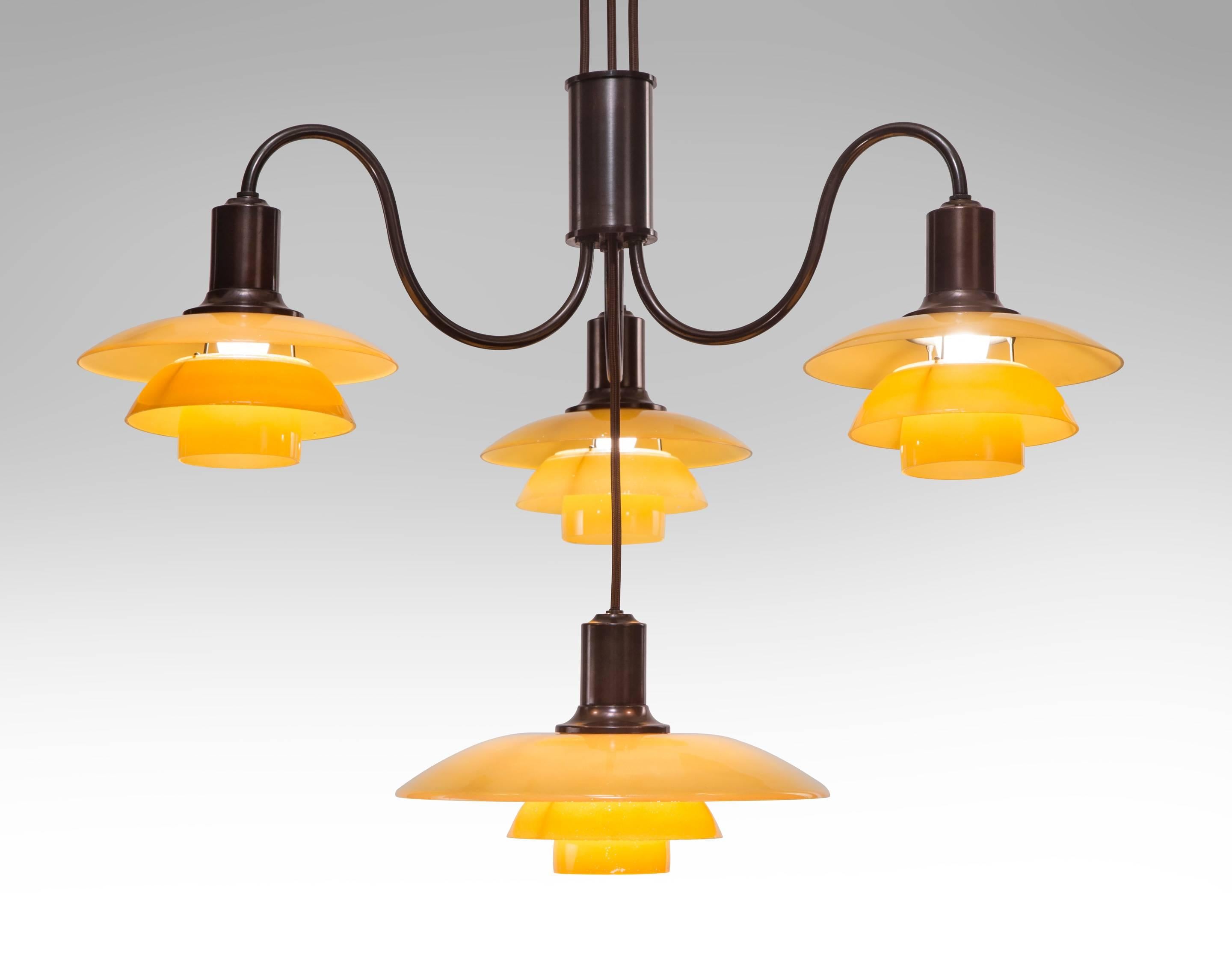 Poul Henningsen, 4 Light Adjustable Glass, Patinated Brass & Bakelite Chandelier In Excellent Condition In New York, NY