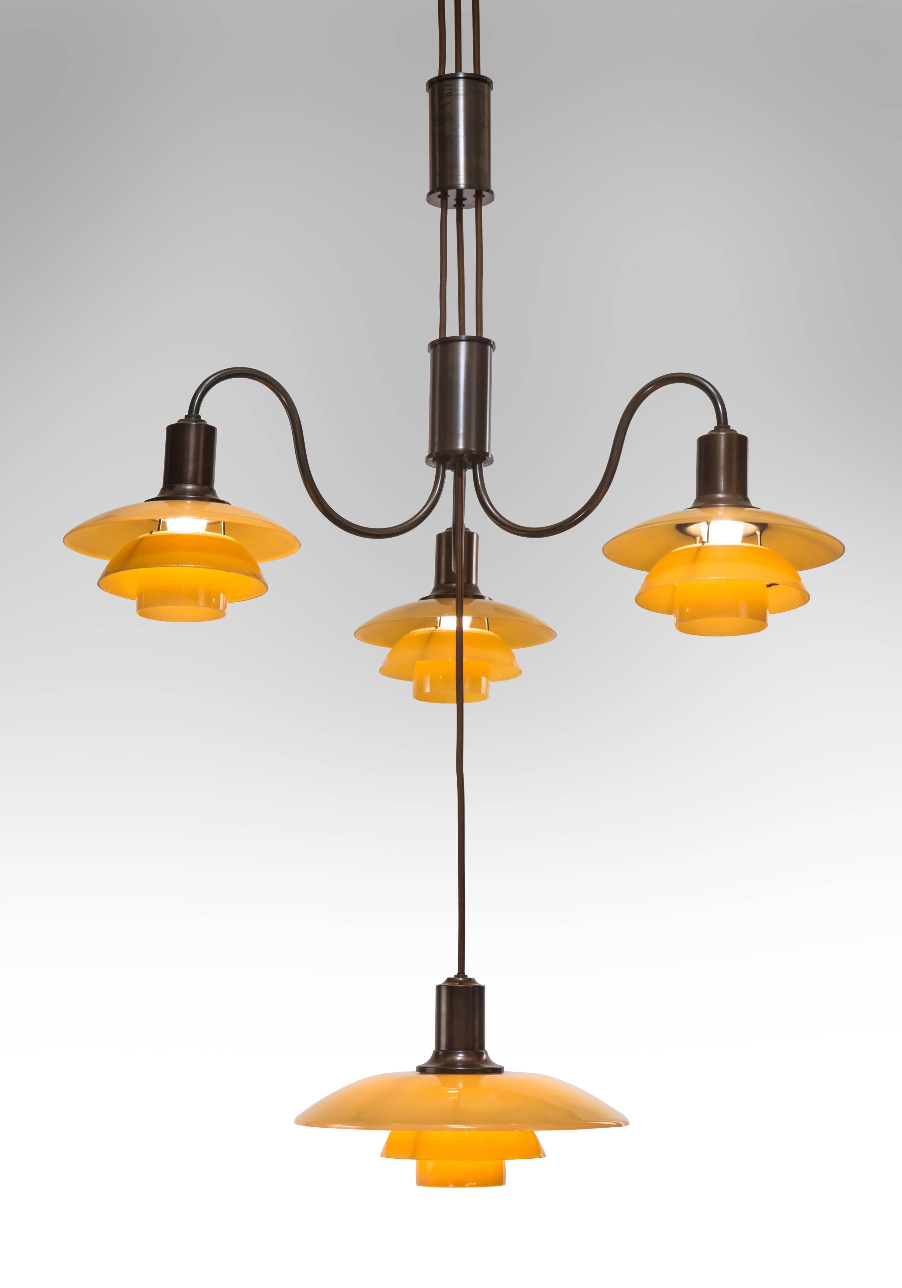 Modern Poul Henningsen, 4 Light Adjustable Glass, Patinated Brass & Bakelite Chandelier
