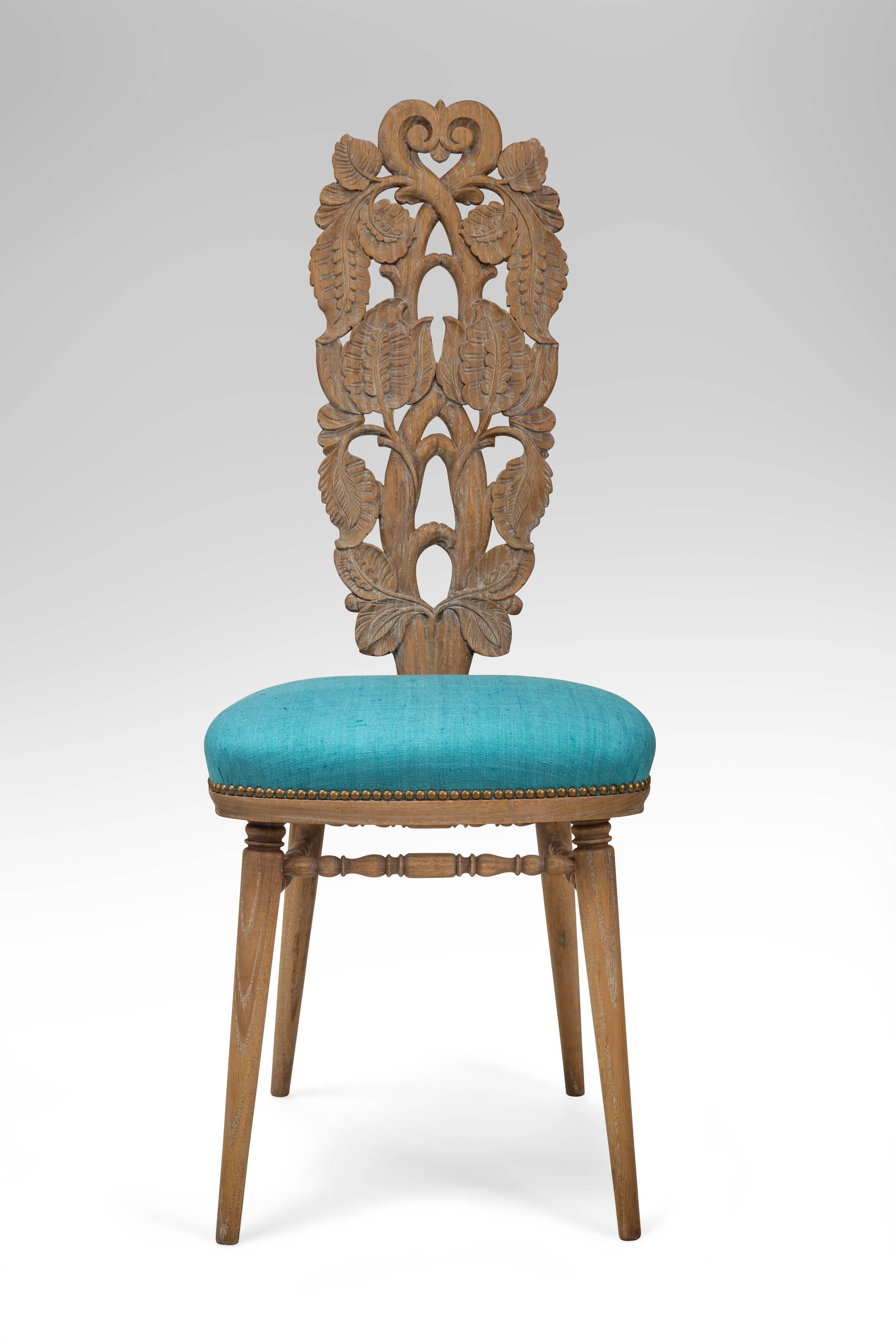 Giovanni Gariboldi, Attributed, Rare Set of Italian Carved & Cerused Oak Chairs For Sale 1