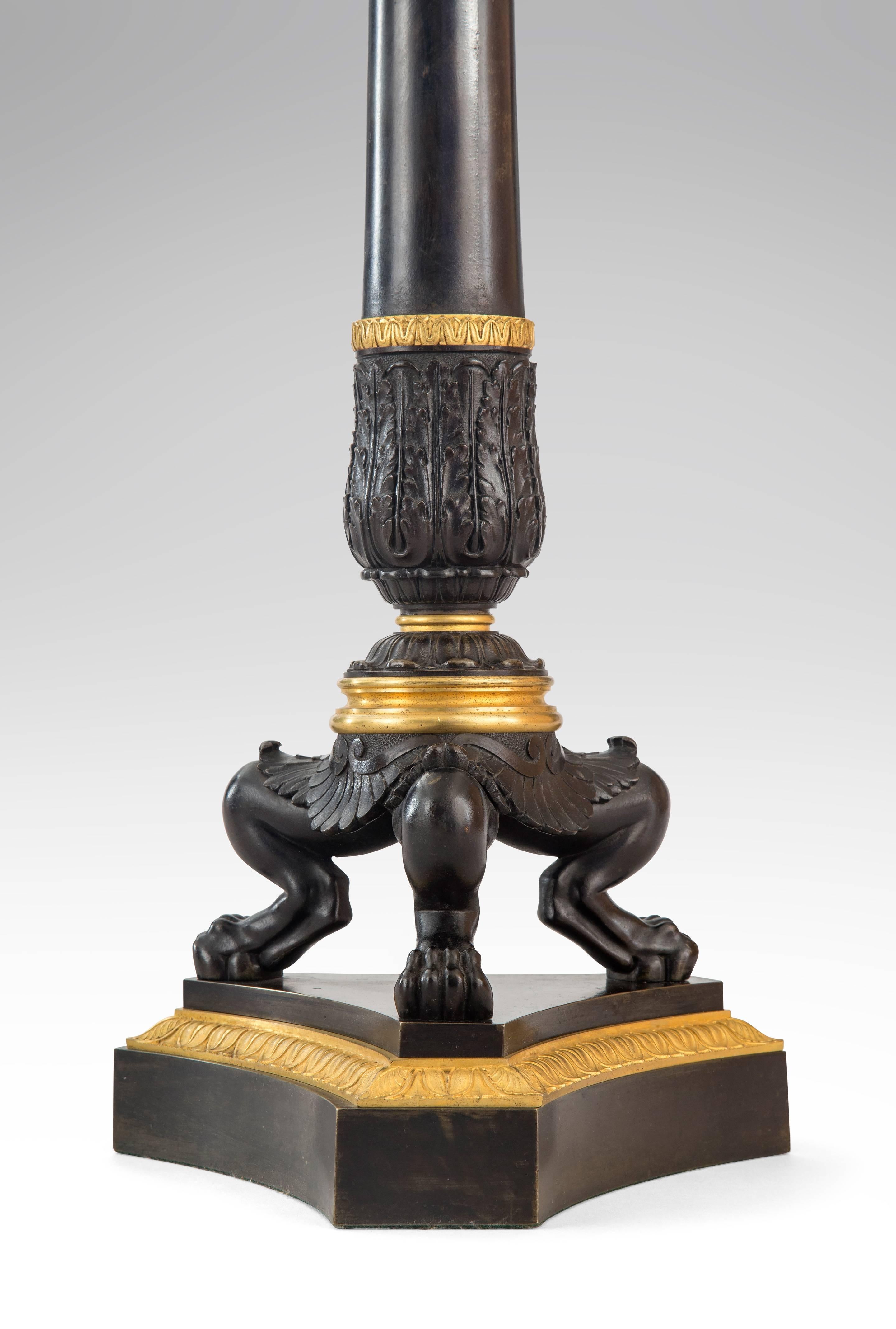 18th Century French Charles X Patinated and Gilt Bronze Column Lamp For Sale