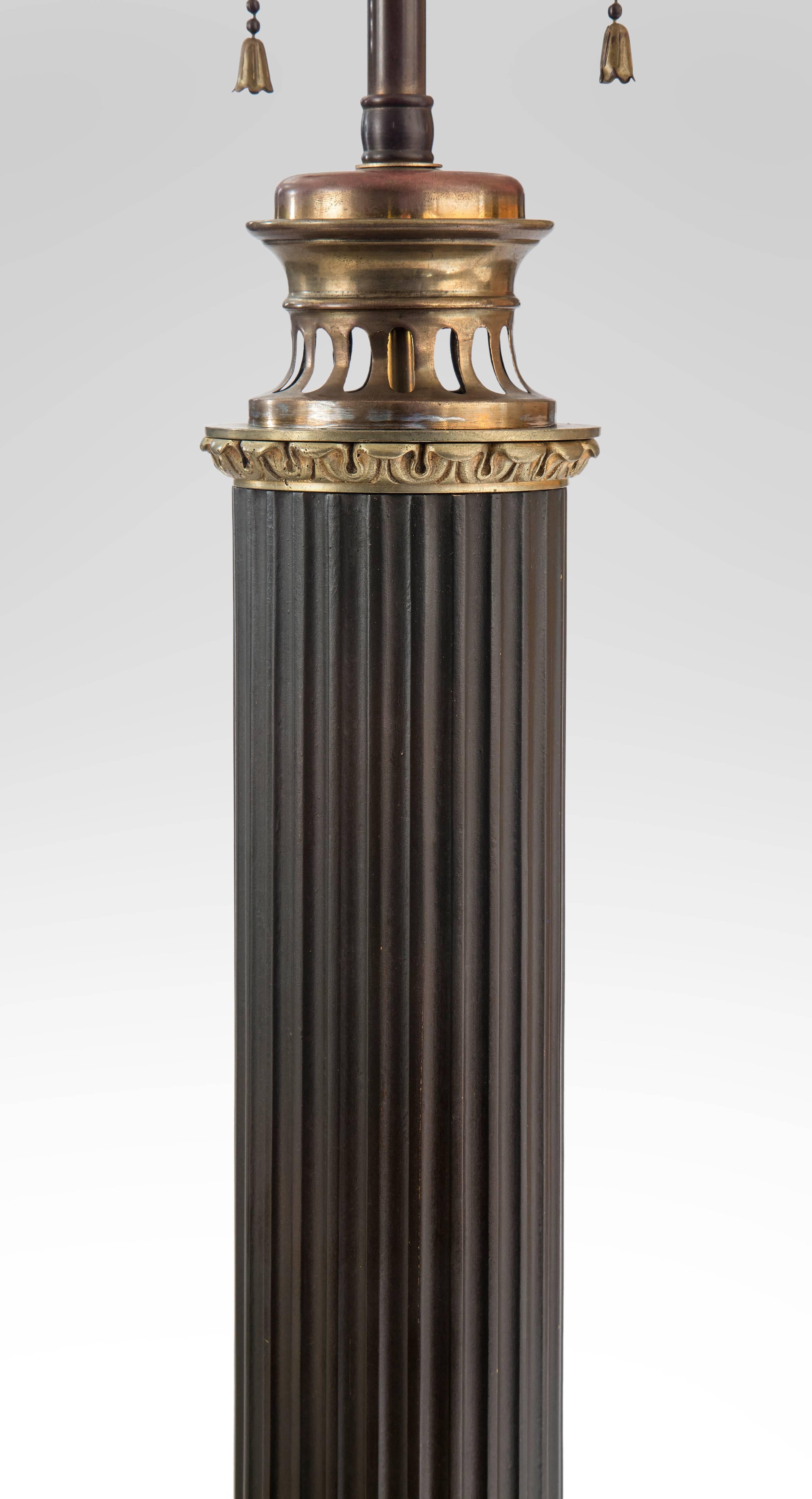The circular fluted standard, above a gilt garland and rectangular box socle, terminating gilt acanthus molding on a square base.  Labeled: Lampe-Silvant.

Very good antique condition and ready to add to your collection.