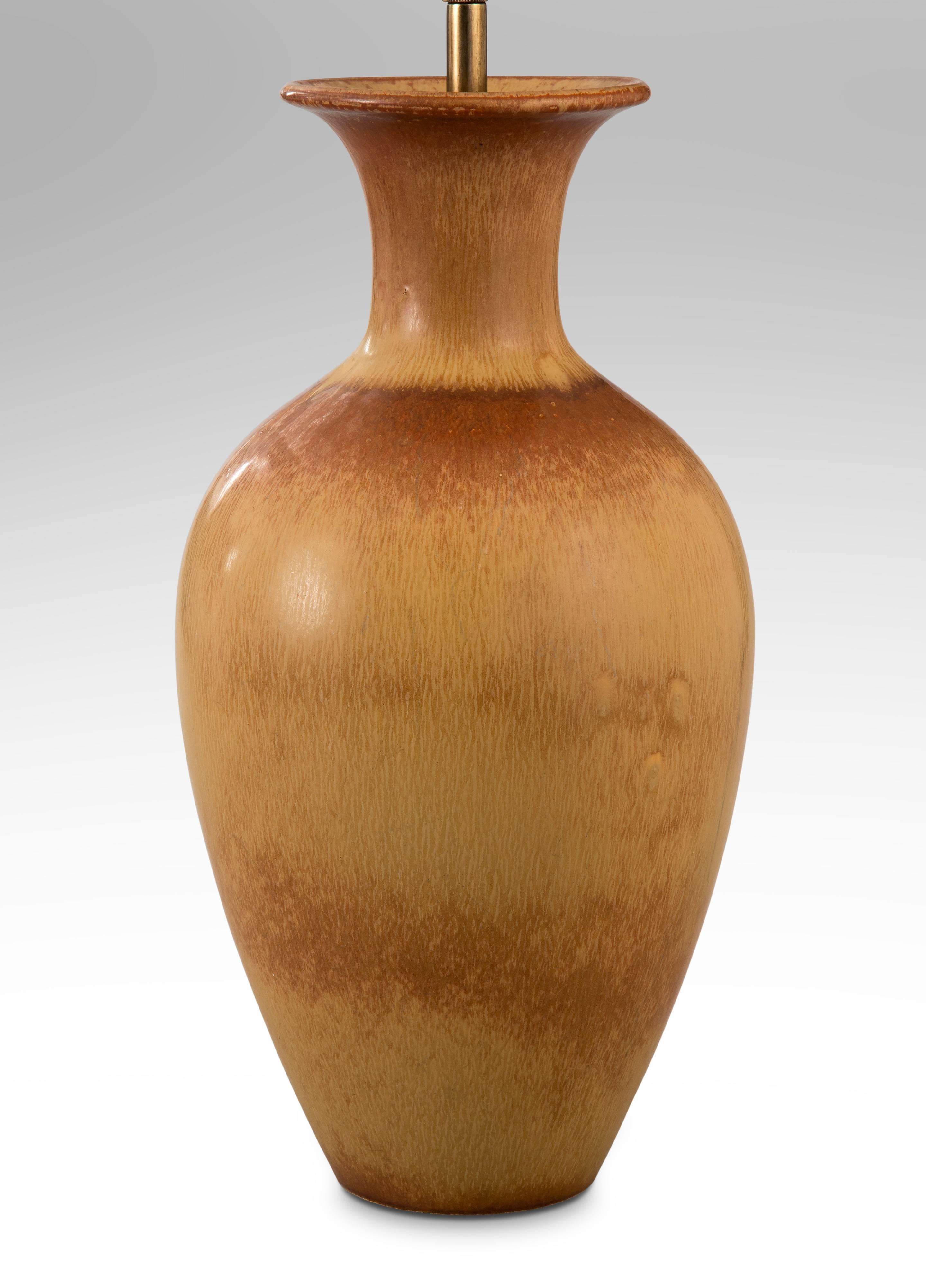 Modern Gunnar Nylund for Rörstrand, Swedish Variegated Tan & Brown Ceramic Vase / Lamp