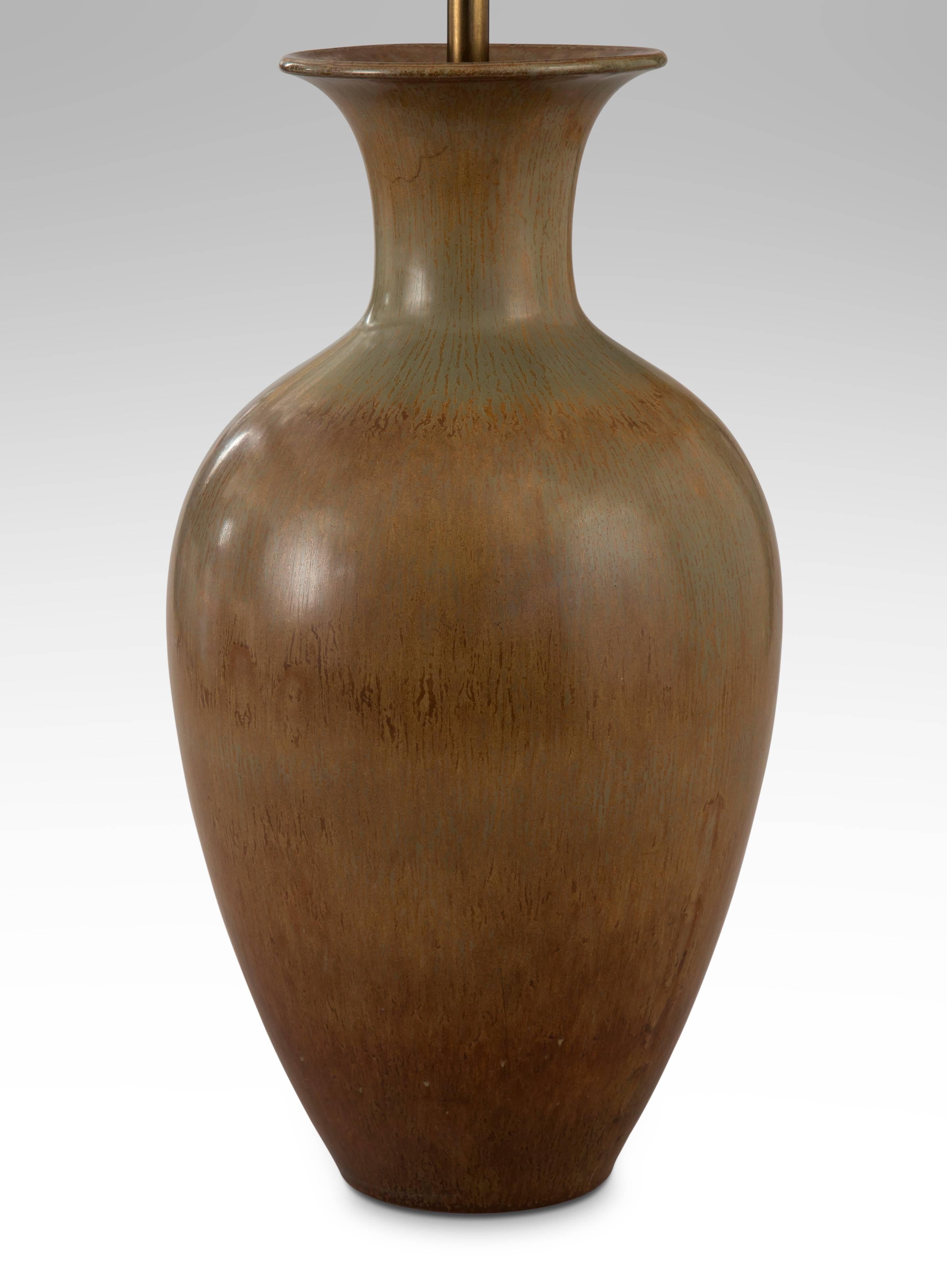 Scandinavian Modern Gunnar Nylund for Rörstrand, Swedish Soft-Green and Brown Ceramic Vase Lamp For Sale