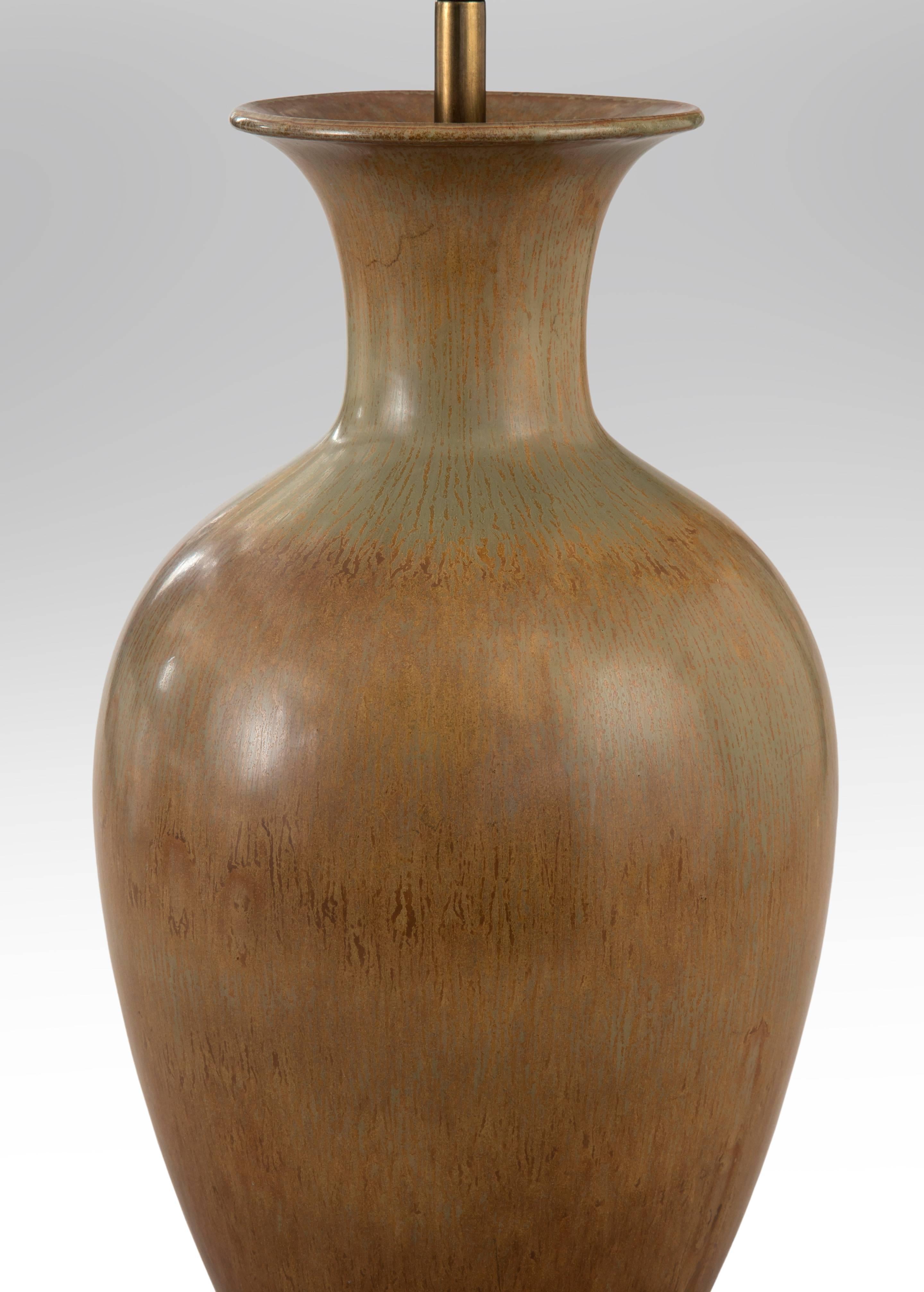 20th Century Gunnar Nylund for Rörstrand, Swedish Soft-Green and Brown Ceramic Vase Lamp For Sale