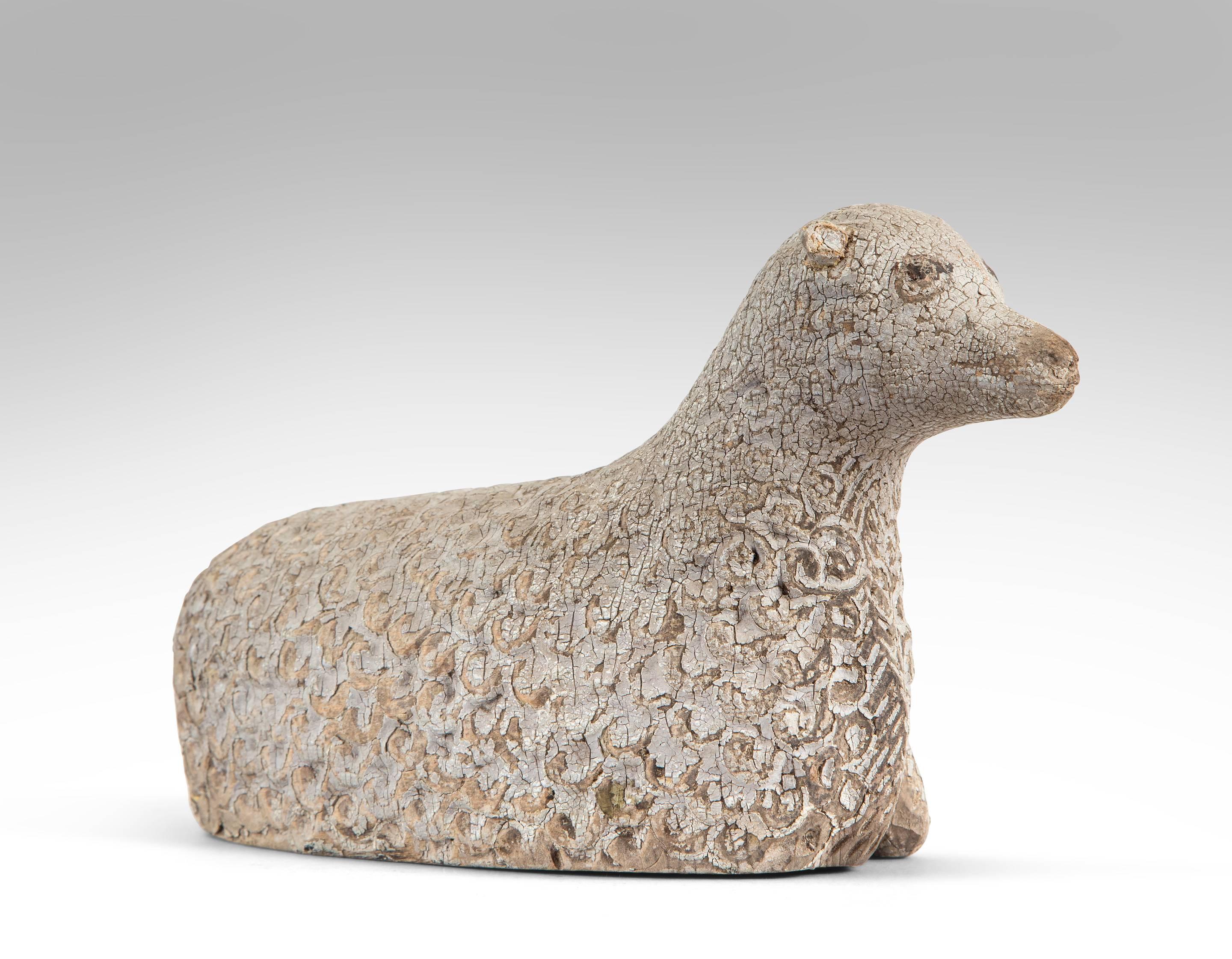 18th Century and Earlier Swedish Painted Wood Sculpture of a Lamb