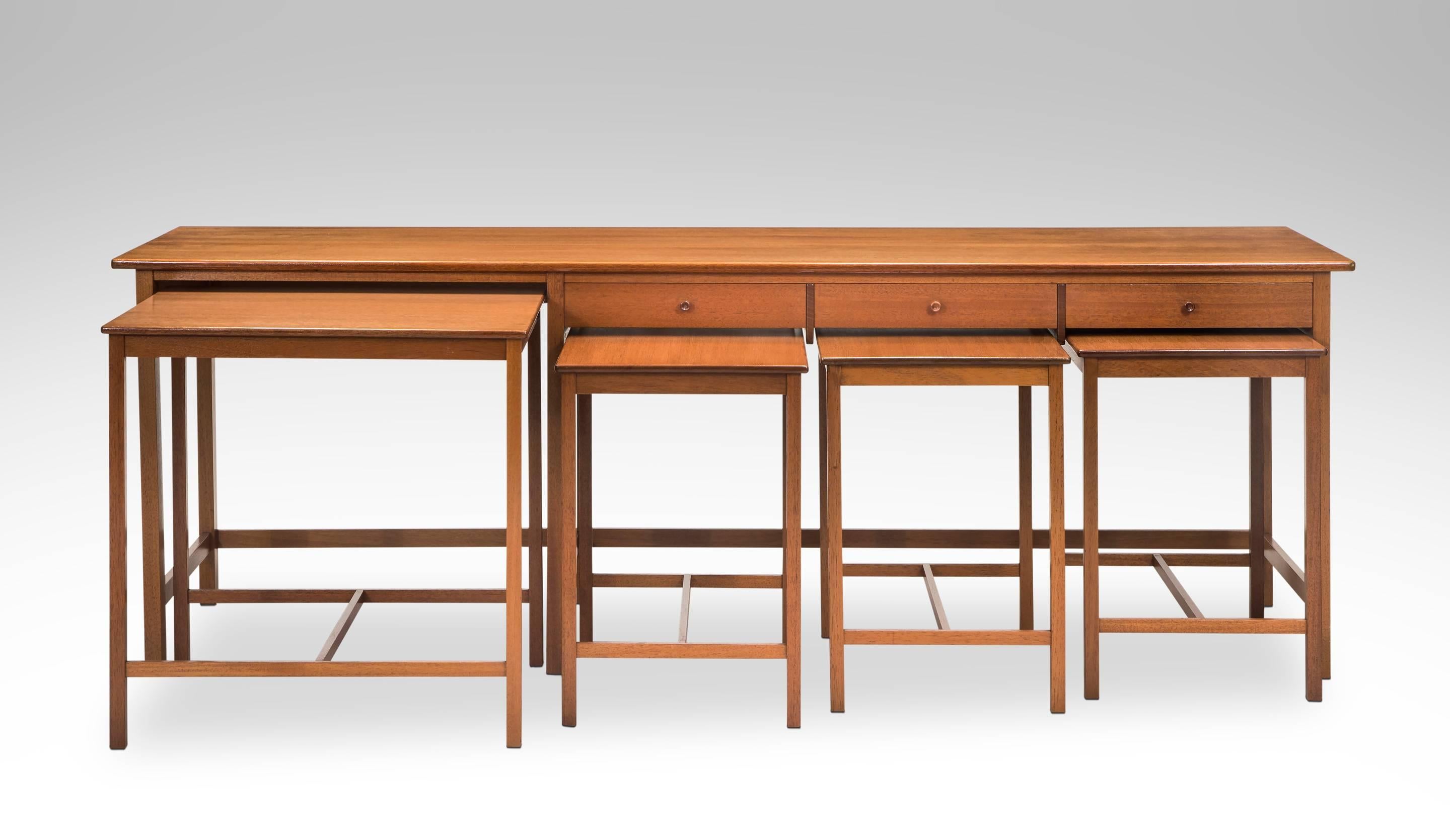 Modern John Kandell, Rare and Early Swedish Low Sideboard and Nesting Teak Table Set For Sale