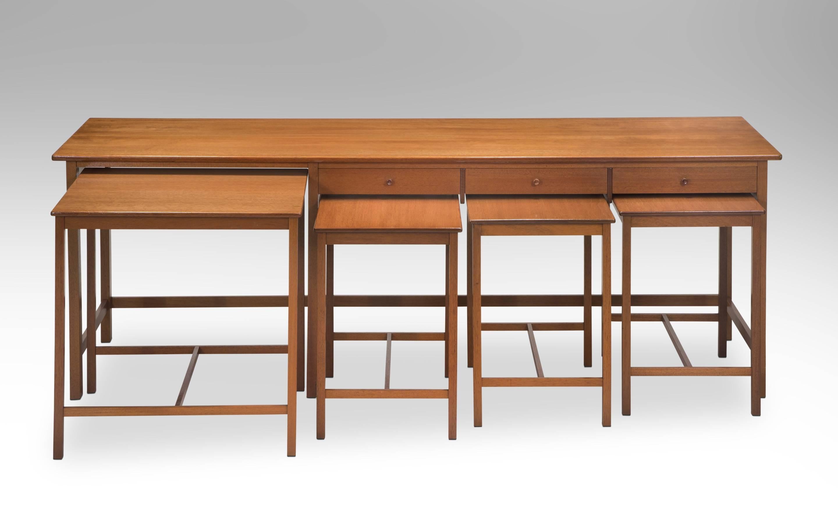 20th Century John Kandell, Rare and Early Swedish Low Sideboard and Nesting Teak Table Set For Sale