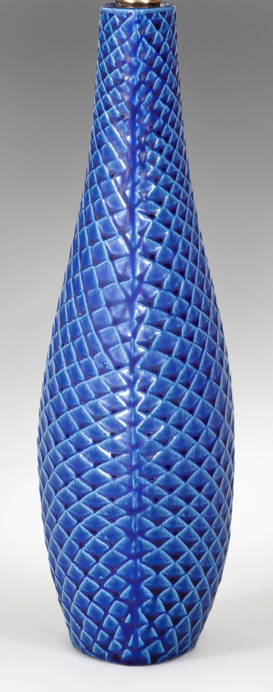 Modern Stig Lindberg Pair of Swedish Blue Glazed Reptil Ceramic Lamps For Sale