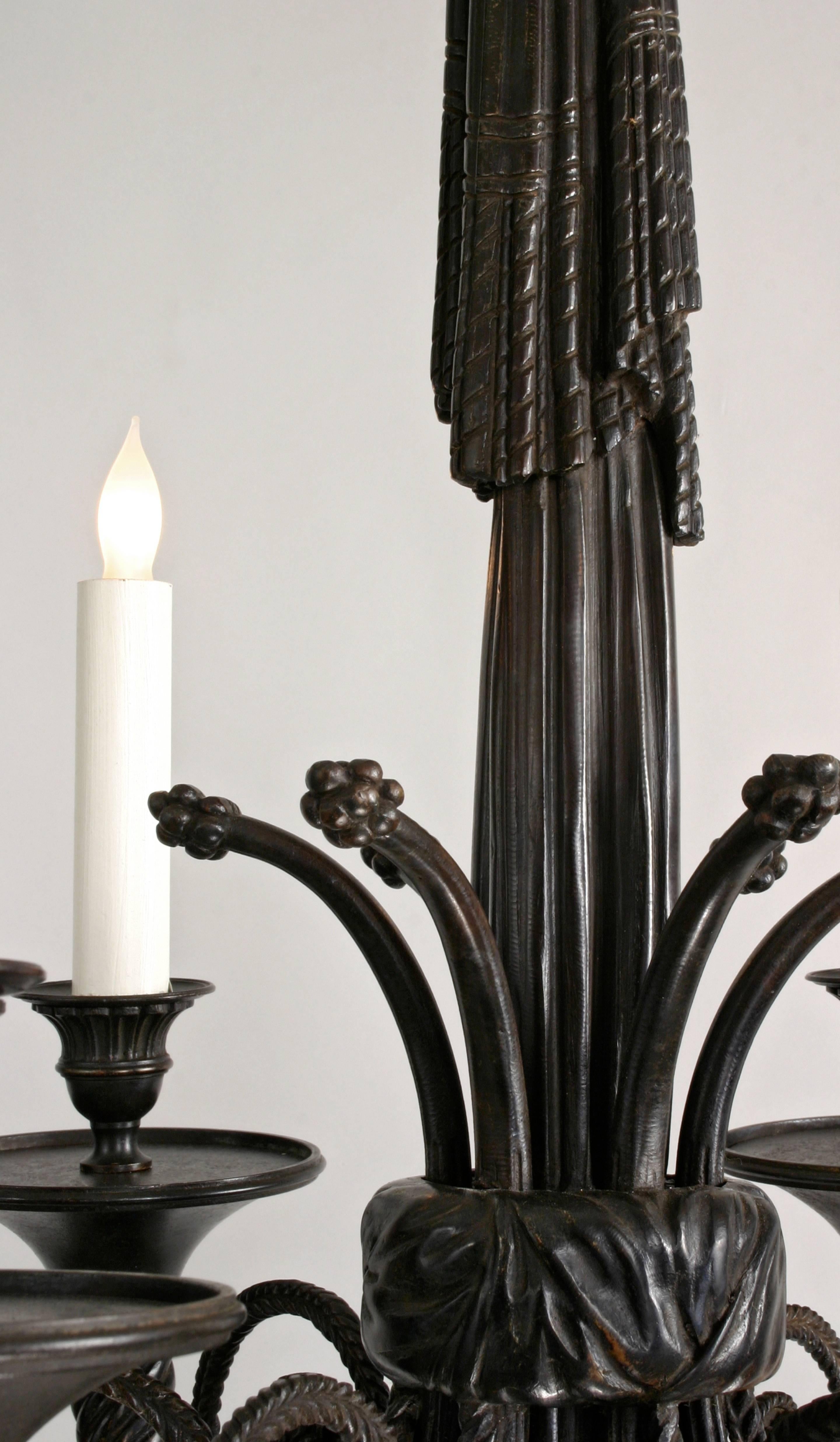 20th Century French Patinated Bronze Six-Light Chandelier 