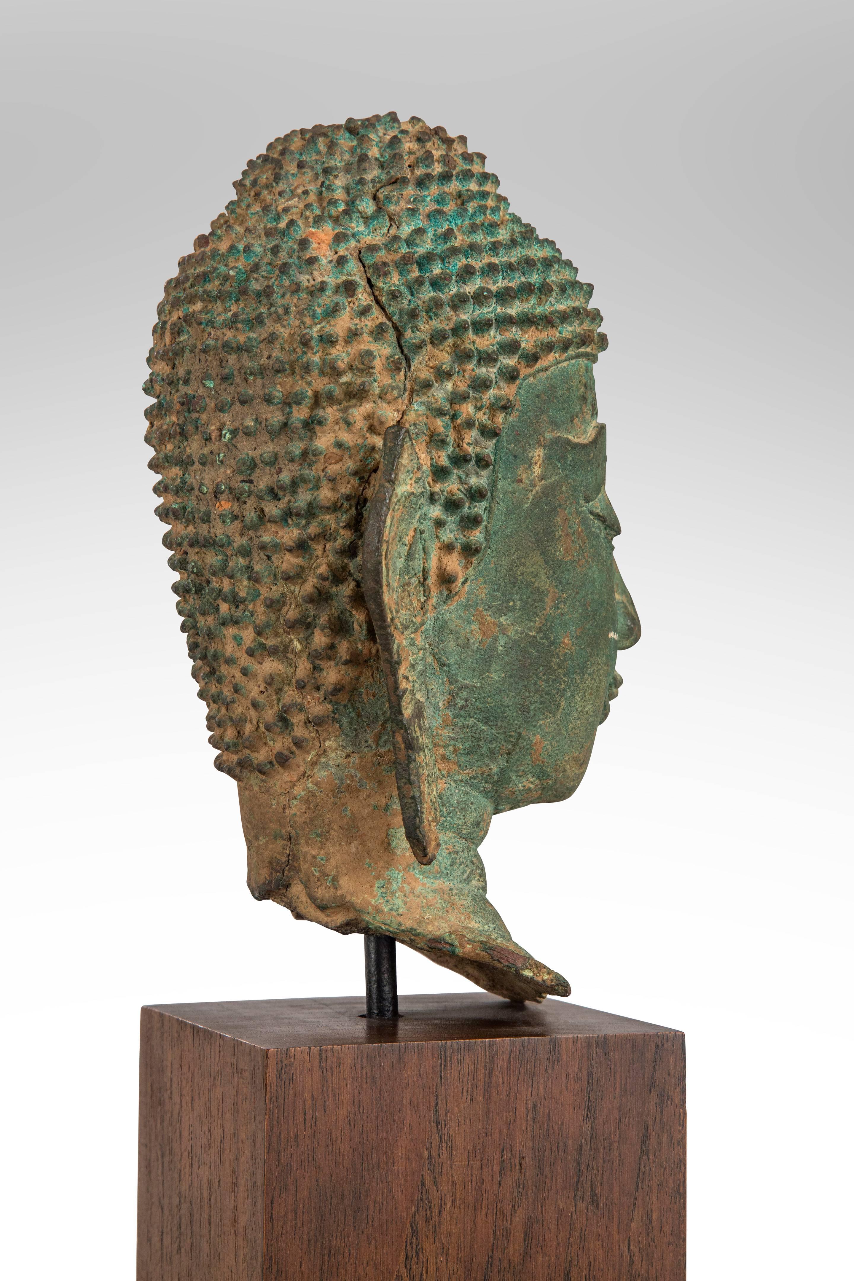 Thai Verdigris Bronze Buddha Head In Good Condition For Sale In New York, NY