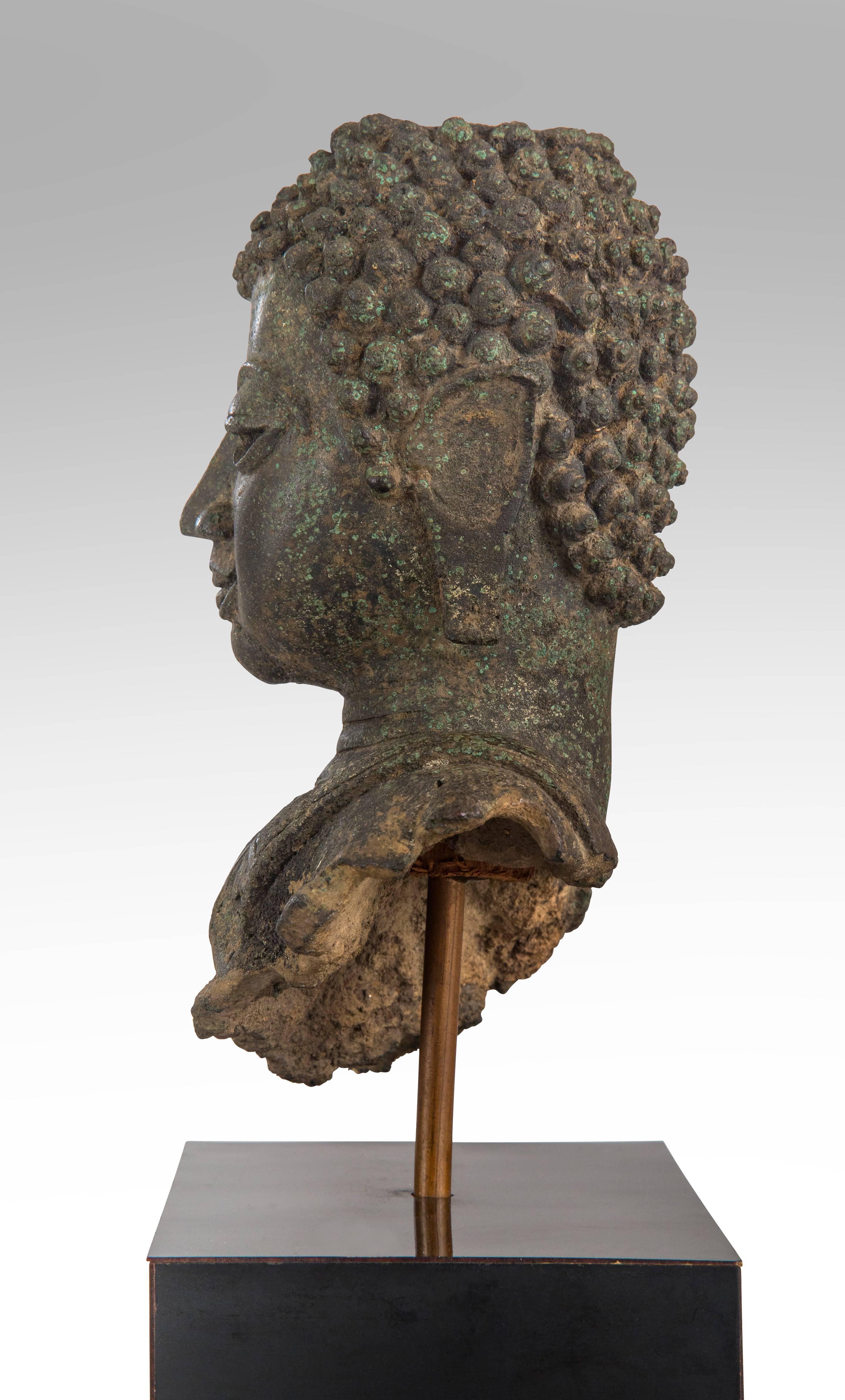 18th Century and Earlier Chiang Saen Period Thai Patinated Bronze Buddha Head
