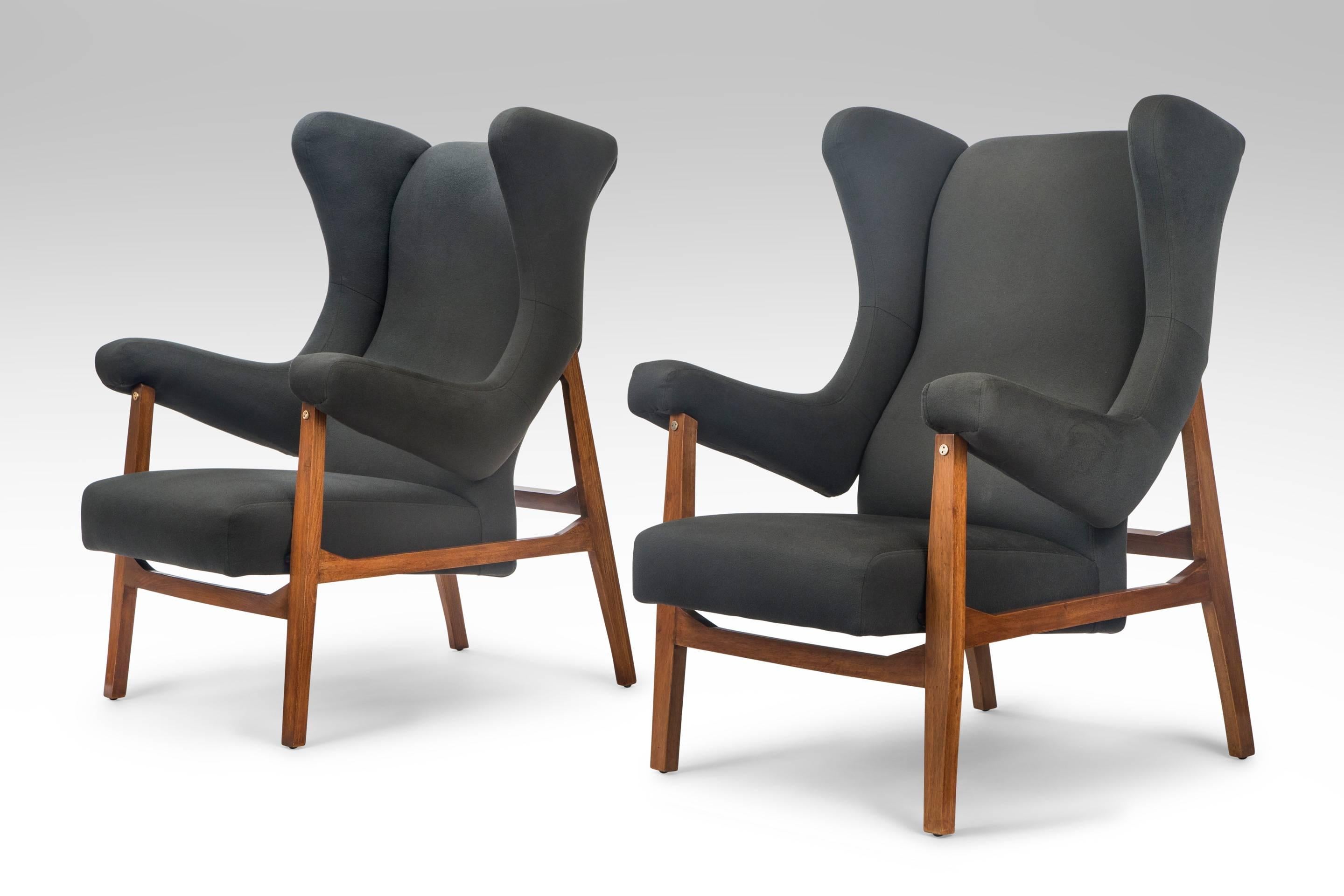 Franco Albini, Pair of Rare Italian Fiorenza Upholstered Armchairs in Loro Piana cashmere fabric, Mid 20th Century
This rare and striking variation of the Fiorenza chair produced in limited quantities for a very brief period.  Extremely comfortable.